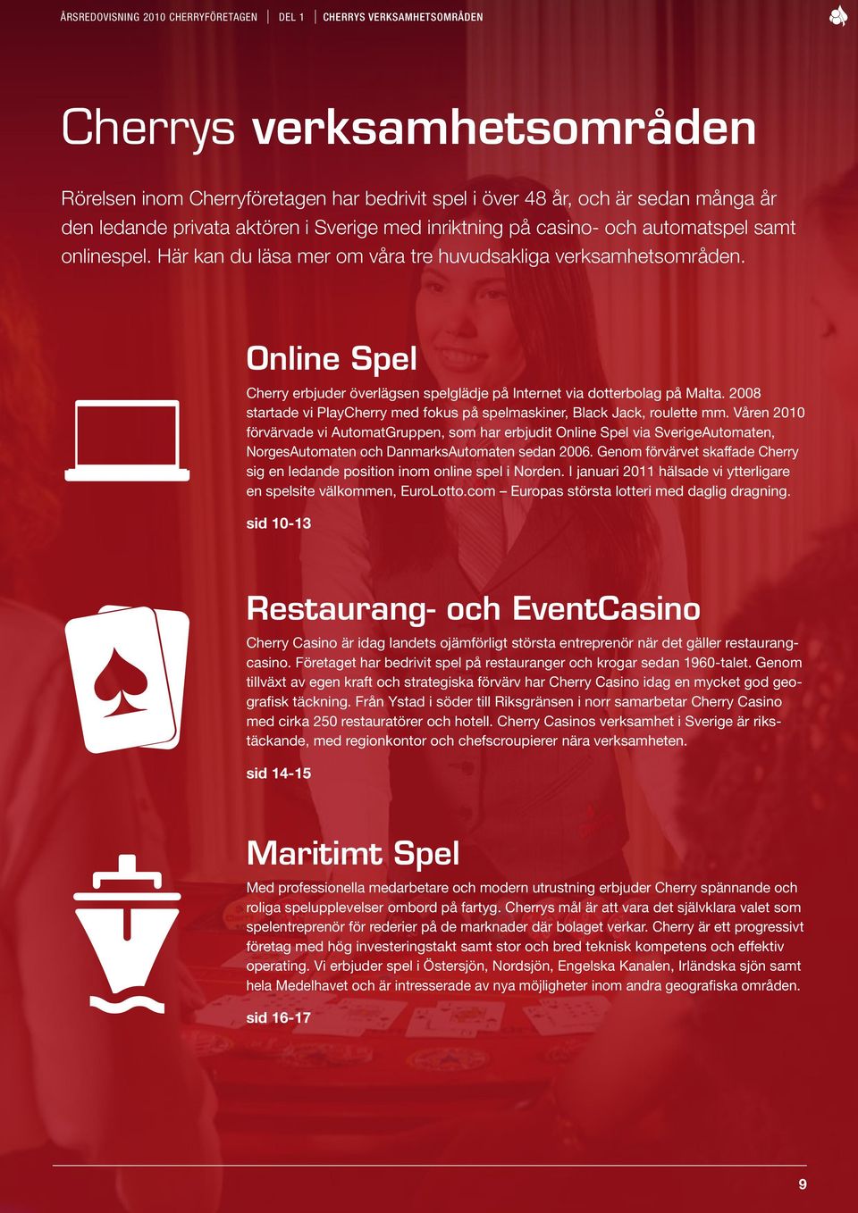 Online Spel Cherry erbjuder överlägsen spelglädje på Internet via dotterbolag på Malta. 2008 startade vi PlayCherry med fokus på spelmaskiner, Black Jack, roulette mm.