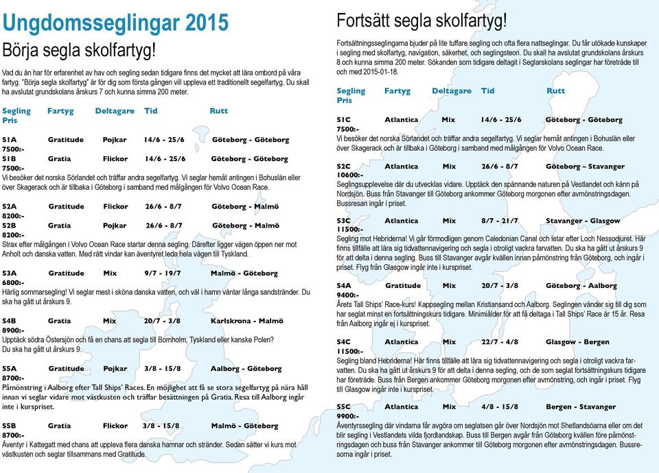 S1A Gratitude Pojkar 14/6-25/6 Göteborg - Göteborg S1B Gratia Flickor 14/6-25/6 Göteborg - Göteborg Vi besöker det norska Sörlandet och träffar andra segelfartyg.