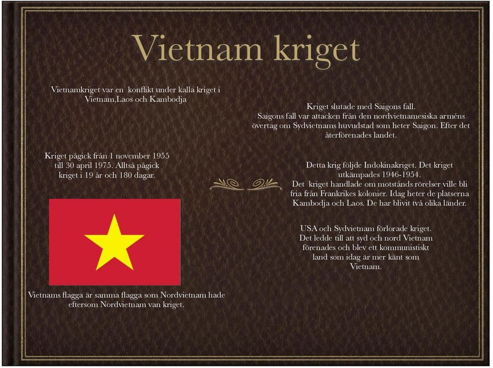 Detta krig följde Indokinakriget. Det kriget utkämpades 1946-1954. Det kriget handlade om motstånds rörelser ville bli fria från Frankrikes kolonier. Idag heter de platserna Kambodja och Laos.