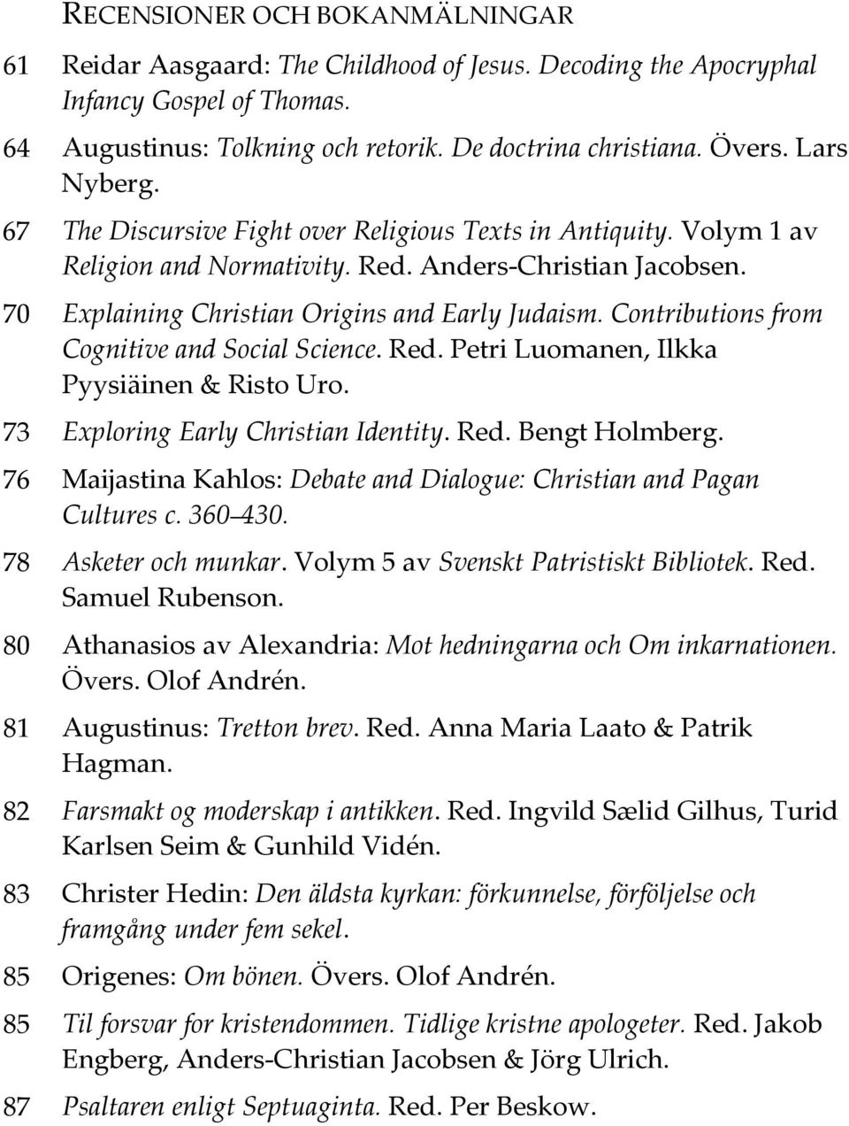 Contributions from Cognitive and Social Science. Red. Petri Luomanen, Ilkka Pyysiäinen & Risto Uro. 73 Exploring Early Christian Identity. Red. Bengt Holmberg.