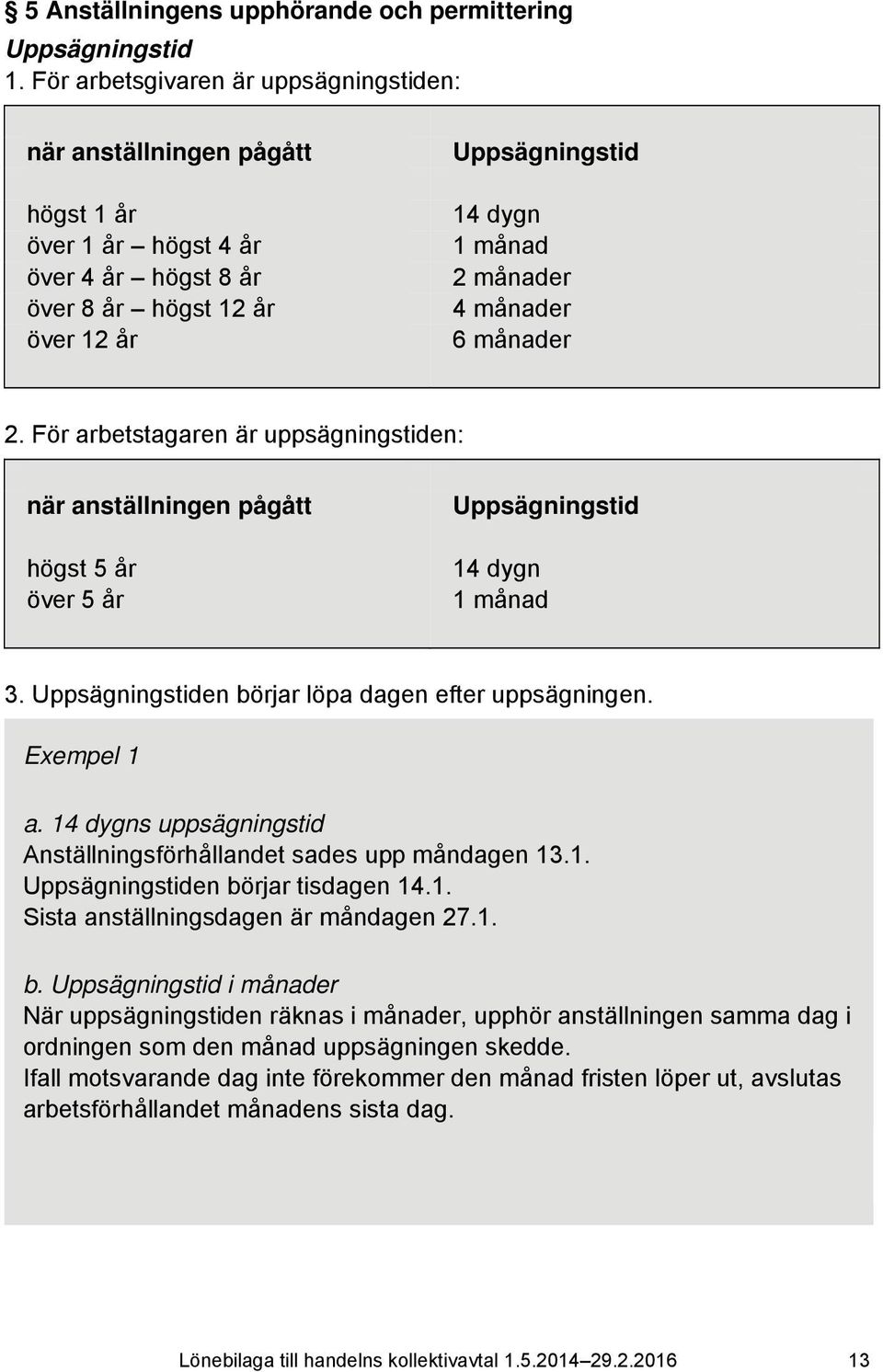 månader 6 månader 2. För arbetstagaren är uppsägningstiden: när anställningen pågått högst 5 år över 5 år Uppsägningstid 14 dygn 1 månad 3. Uppsägningstiden börjar löpa dagen efter uppsägningen.