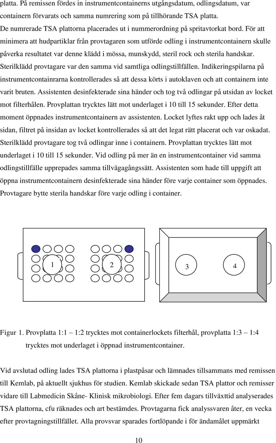 För att minimera att hudpartiklar från provtagaren som utförde odling i instrumentcontainern skulle påverka resultatet var denne klädd i mössa, munskydd, steril rock och sterila handskar.