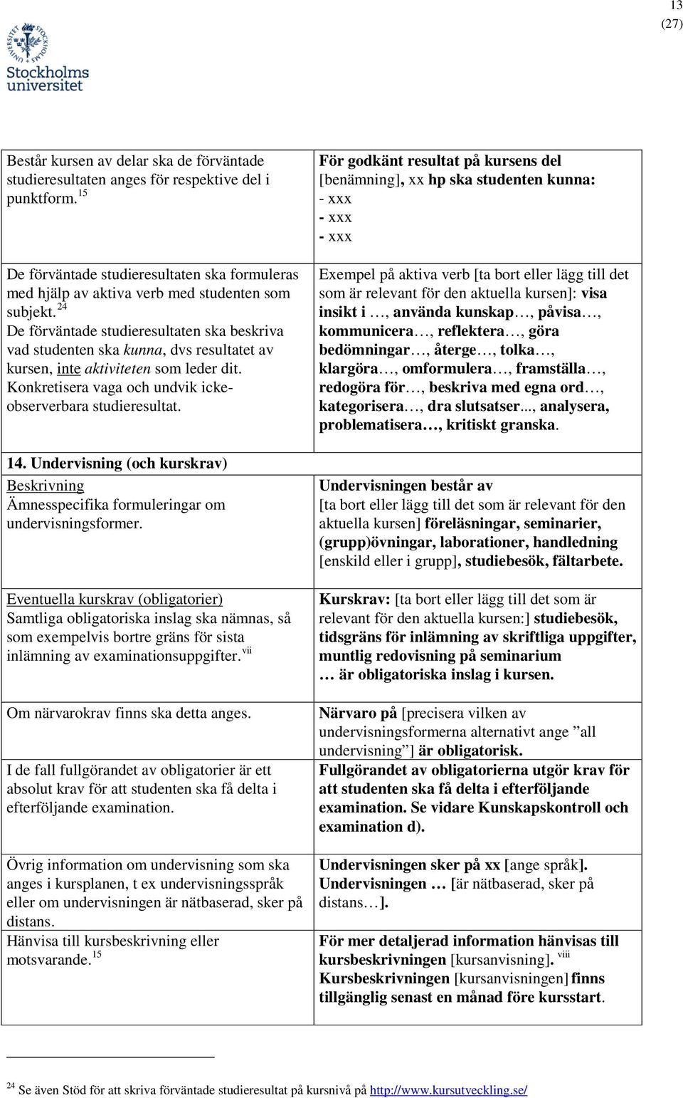 Undervisning (och kurskrav) Beskrivning Ämnesspecifika formuleringar om undervisningsformer.