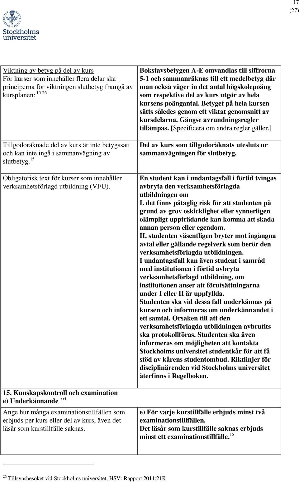 Obligatorisk text för kurser som innehåller verksamhetsförlagd utbildning (VFU). 15.