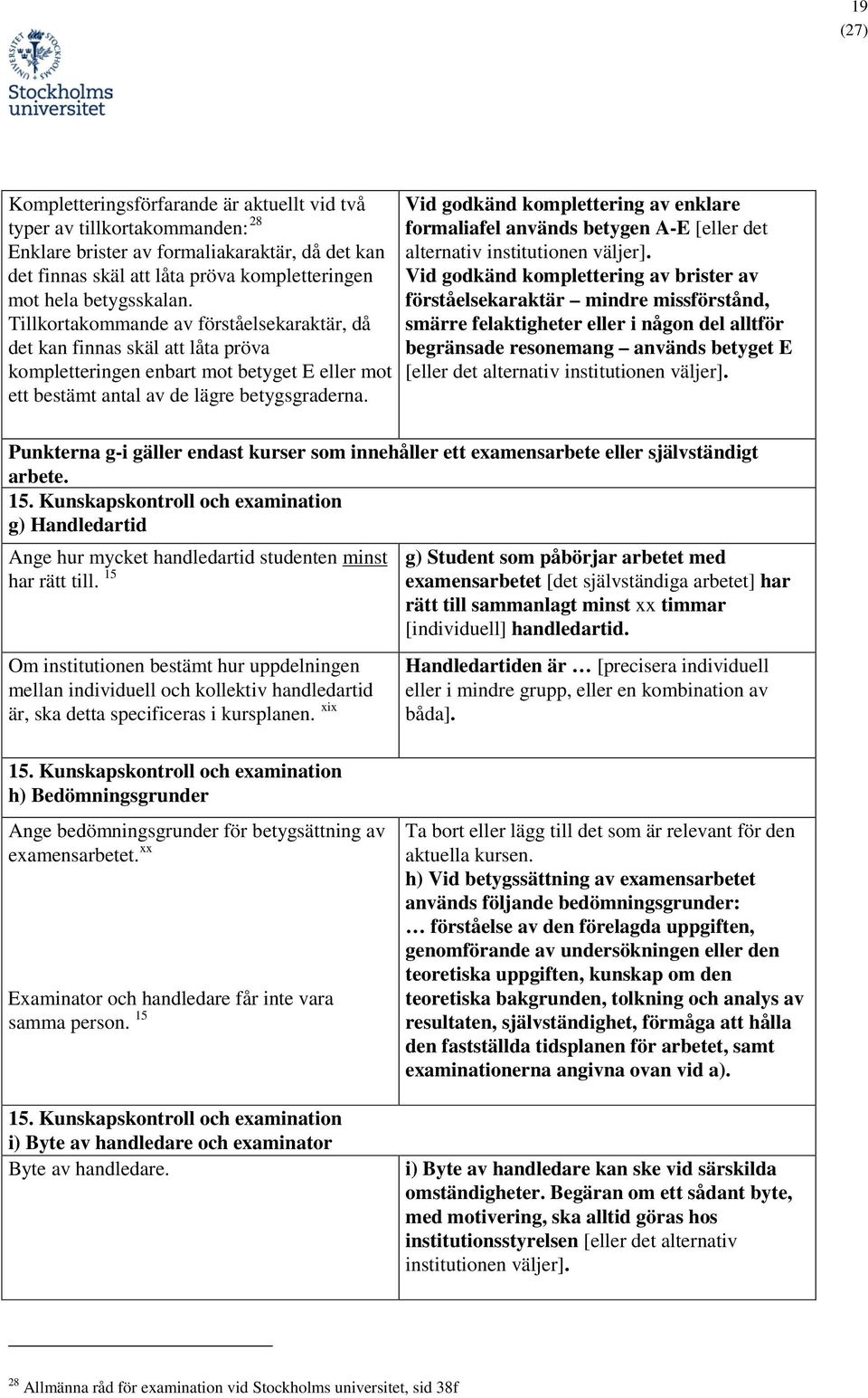 Vid godkänd komplettering av enklare formaliafel används betygen A-E [eller det alternativ institutionen väljer].