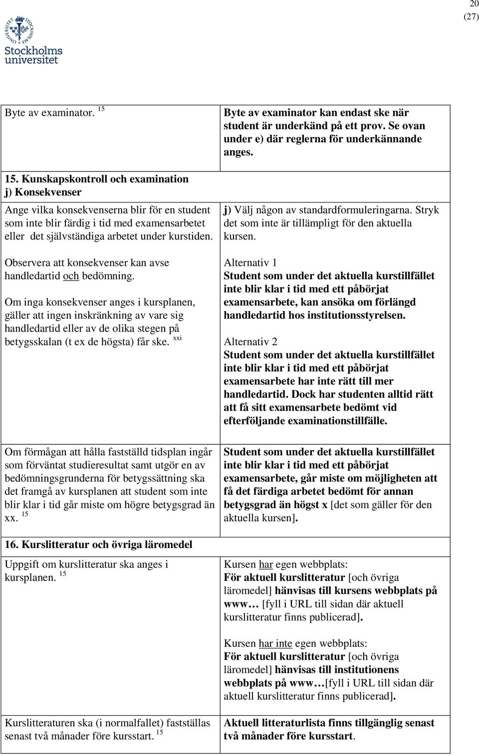 Observera att konsekvenser kan avse handledartid och bedömning.