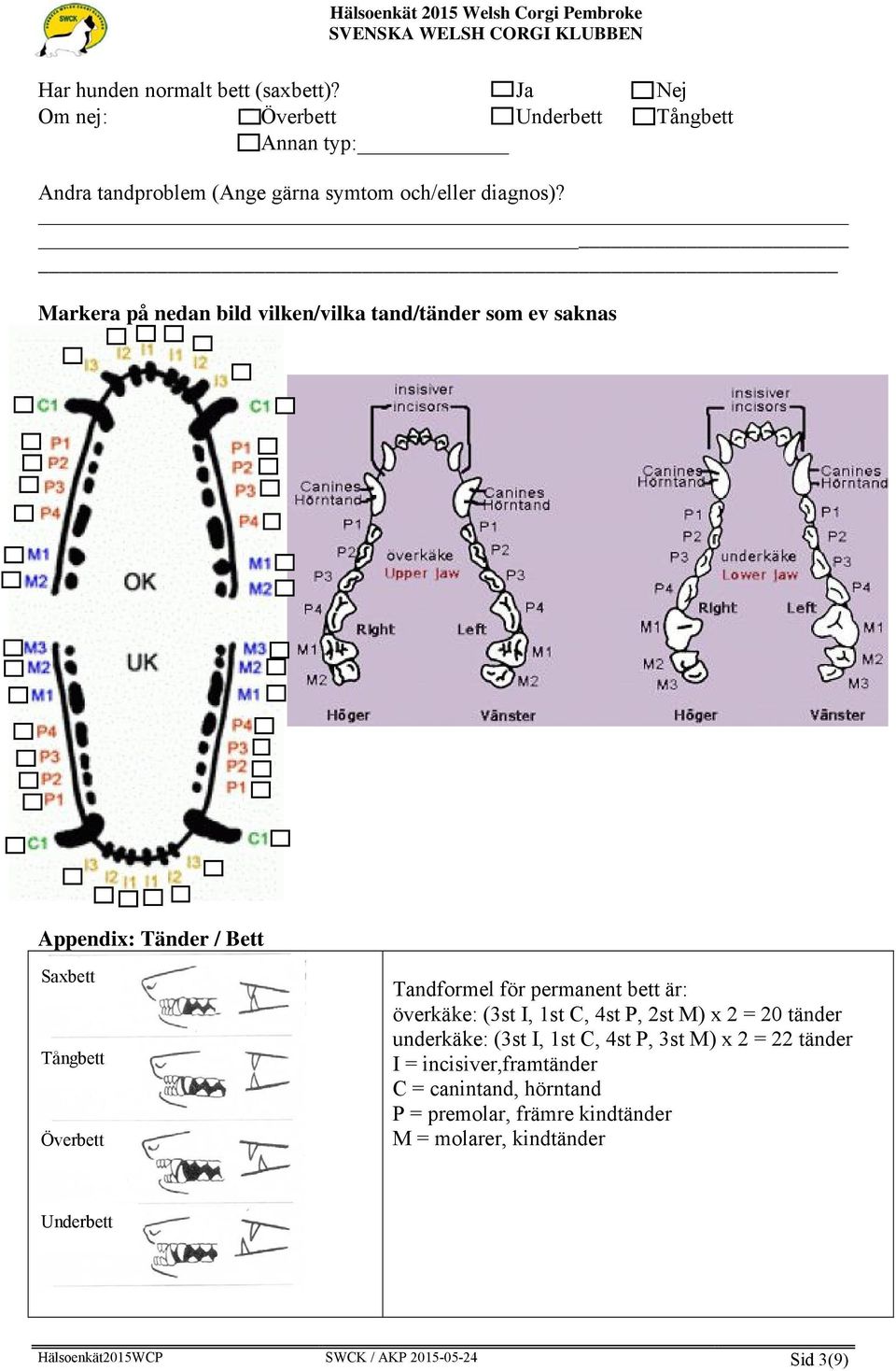 Markera på nedan bild vilken/vilka tand/tänder som ev saknas Appendix: Tänder / Bett Saxbett Tångbett Överbett Tandformel för permanent bett