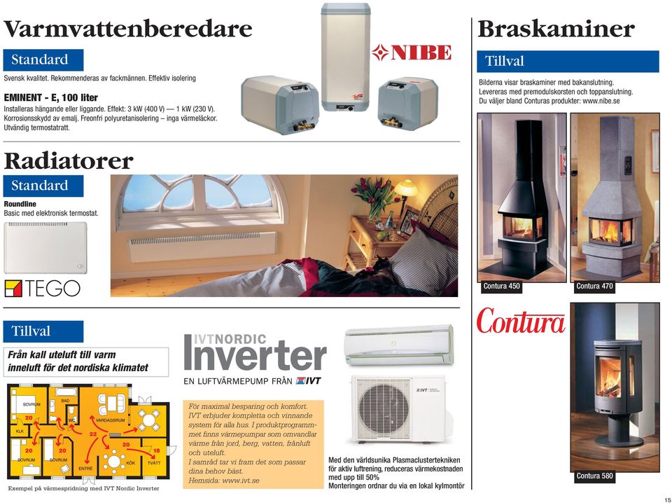 Braskaminer Bilderna visar braskaminer med bakanslutning. Levereras med premodulskorsten och toppanslutning. Du väljer bland Conturas produkter: www.nibe.