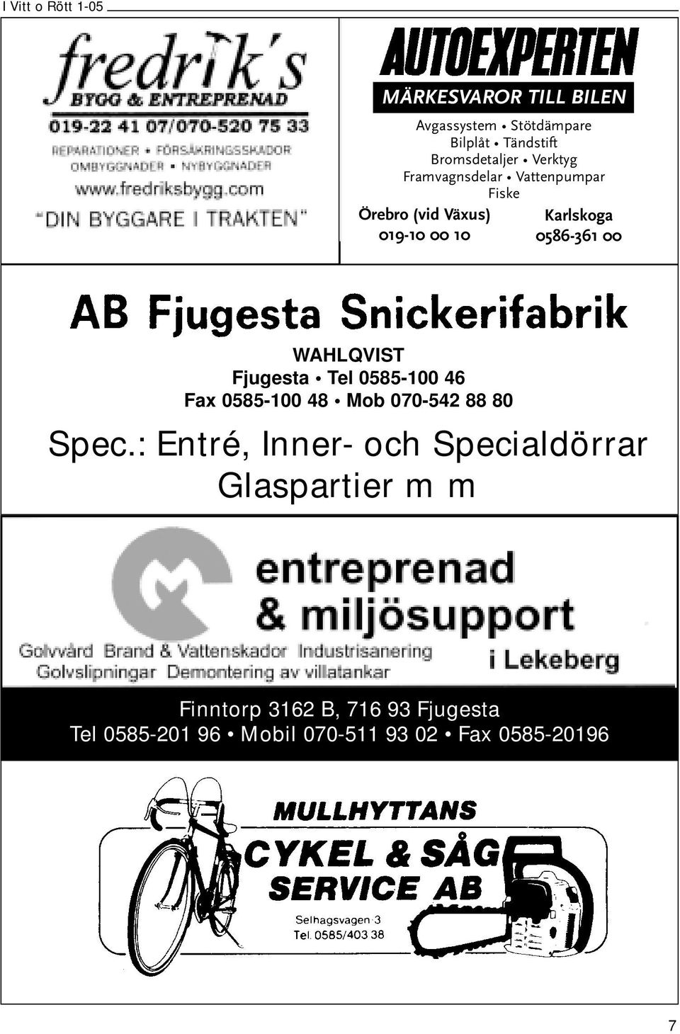 10 Karlskoga 0586-361 00 WAHLQVIST Fjugesta Tel 0585-100 46 Fax 0585-100 48 Mob 070-542 88 80 Spec.