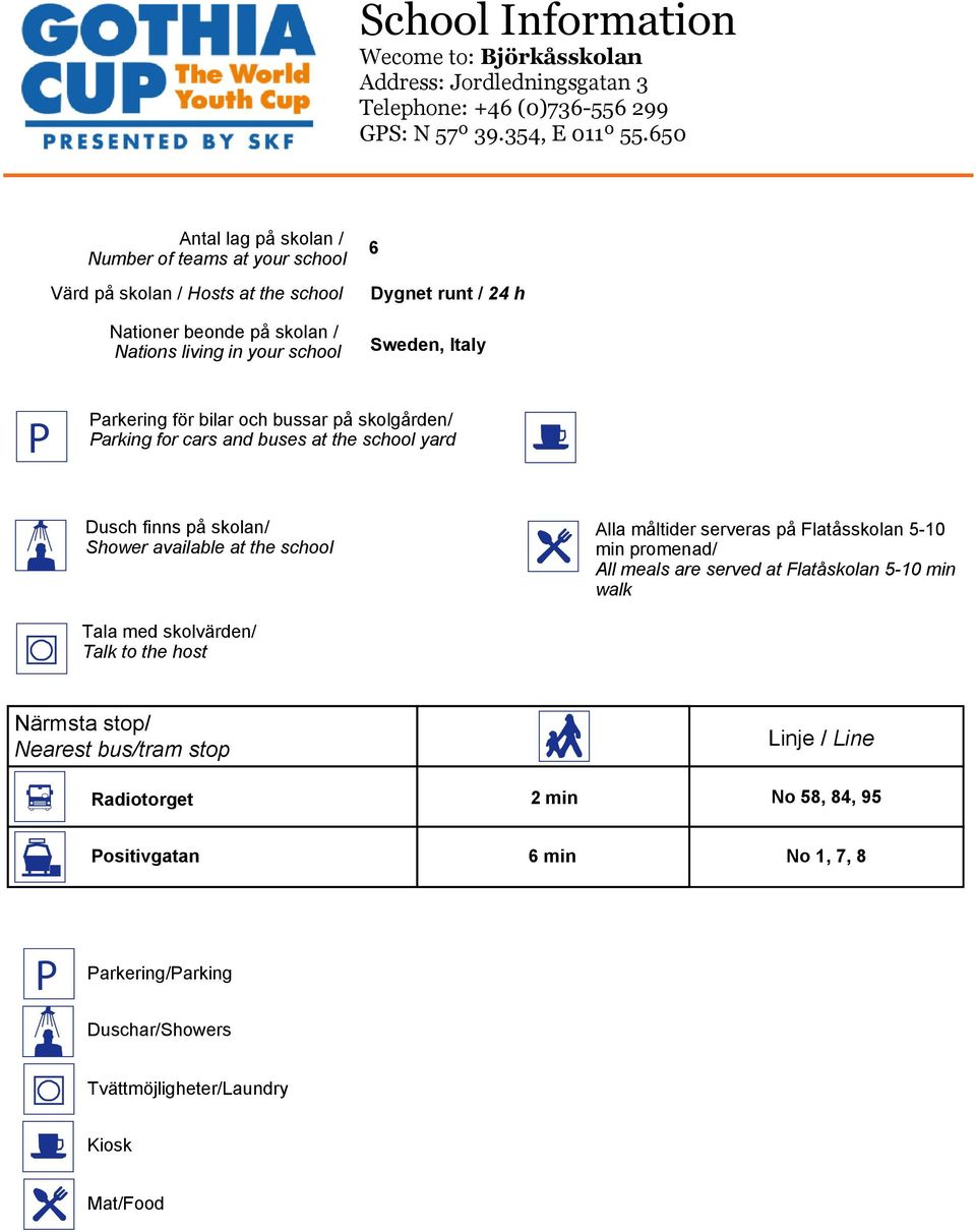 för bilar och bussar på skolgården/ Parking for cars and buses at the school yard Dusch finns på skolan/ Shower available at the school Alla måltider serveras på Flatåsskolan 5-10 min promenad/ All