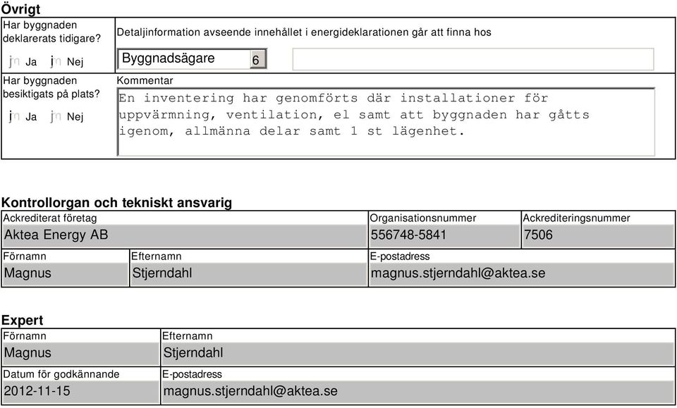 uppvärmning, ventilation, el samt att byggnaden har gåtts igenom, allmänna delar samt st lägenhet.