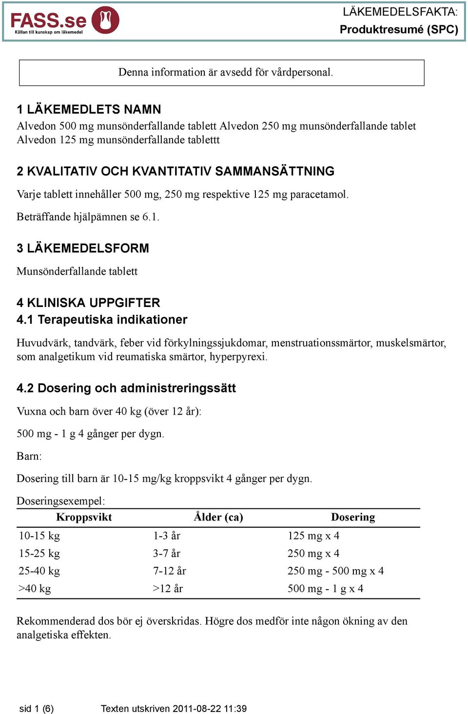 innehåller 500 mg, 250 mg respektive 125 mg paracetamol. Beträffande hjälpämnen se 6.1. 3 LÄKEMEDELSFORM Munsönderfallande tablett 4 KLINISKA UPPGIFTER 4.