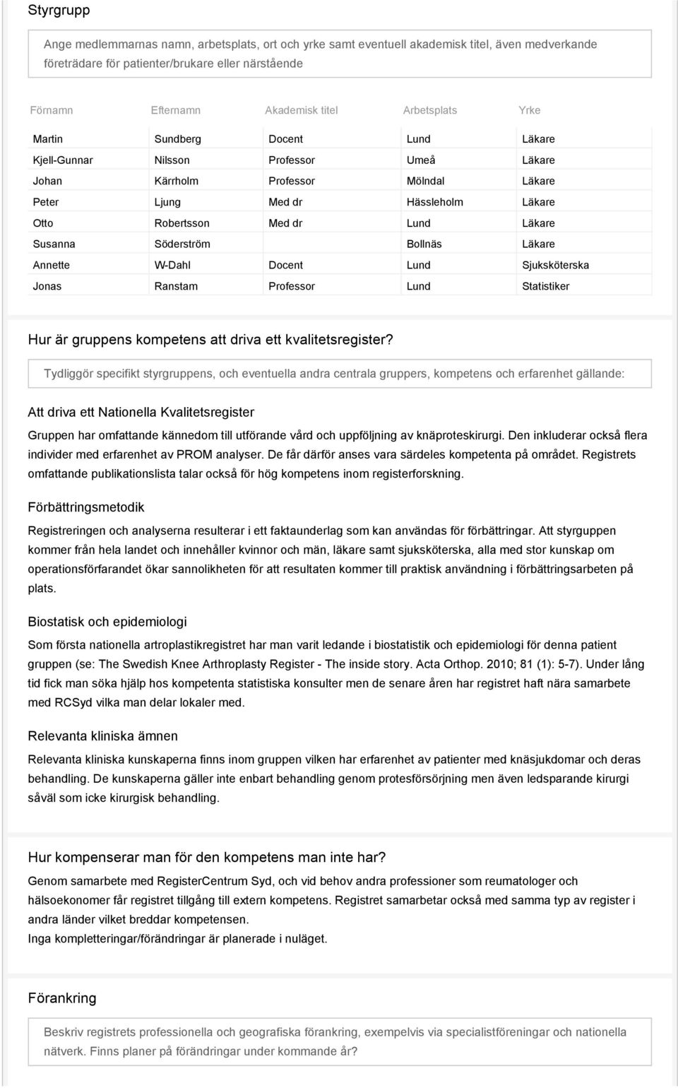 Läkare Susanna Söderström Bollnäs Läkare Annette W-Dahl Docent Lund Sjuksköterska Jonas Ranstam Professor Lund Statistiker Hur är gruppens kompetens att driva ett kvalitetsregister?