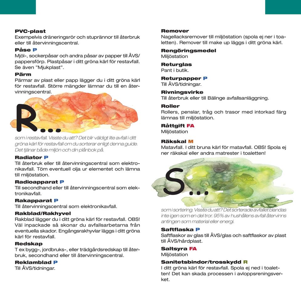 R som i restavfall. Visste du att? Det blir väldigt lite avfall i ditt gröna kärl för restavfall om du sorterar enligt denna guide. Det tjänar både miljön och din plånbok på.