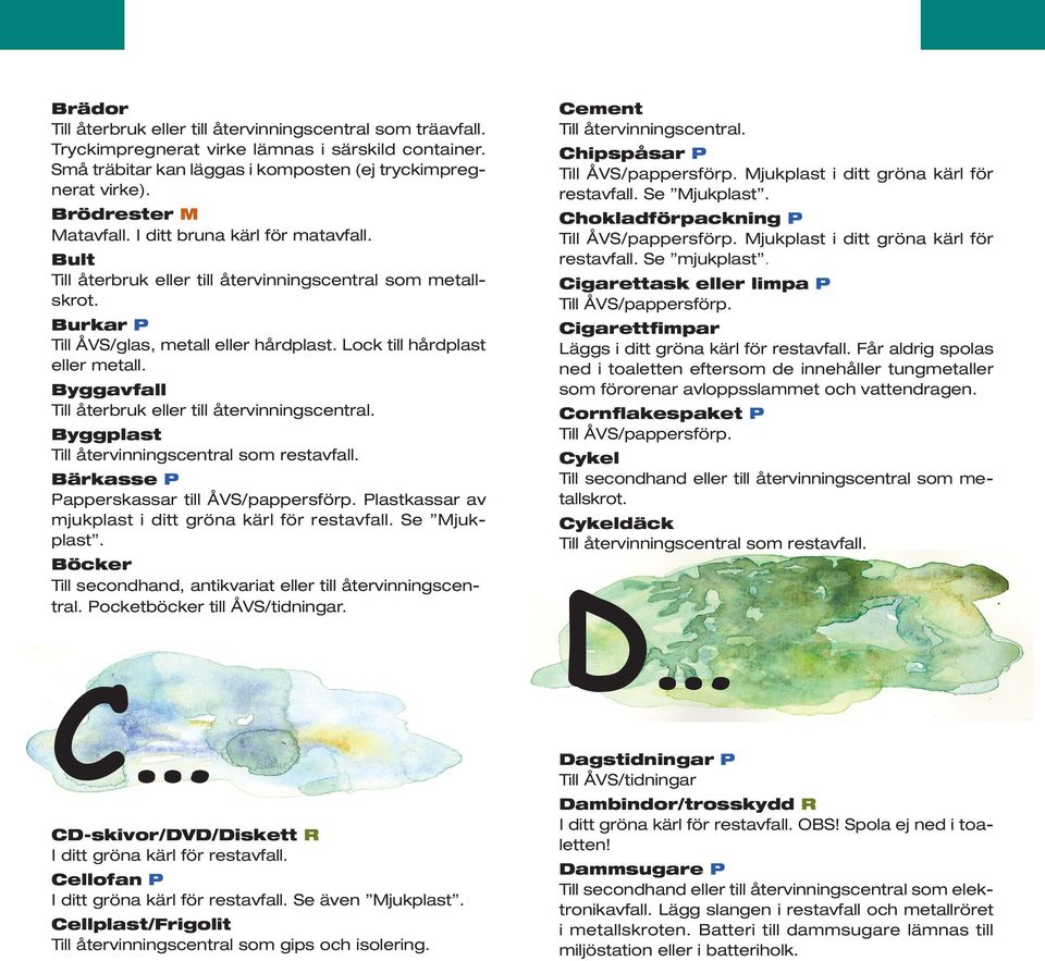 Byggavfall Till återbruk eller till återvinningscentral. Byggplast Till återvinningscentral Bärkasse P Papperskassar till ÅVS/pappersförp. Plastkassar av mjukplast i ditt gröna kärl för restavfall.