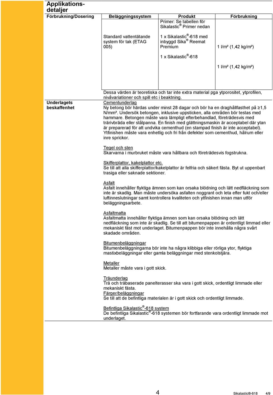 ytprofilen, nivåvariationer och spill etc i beaktning. Cementunderlag Ny betong bör härdas under minst 28 dagar och bör ha en draghållfasthet på 1,5 N/mm².