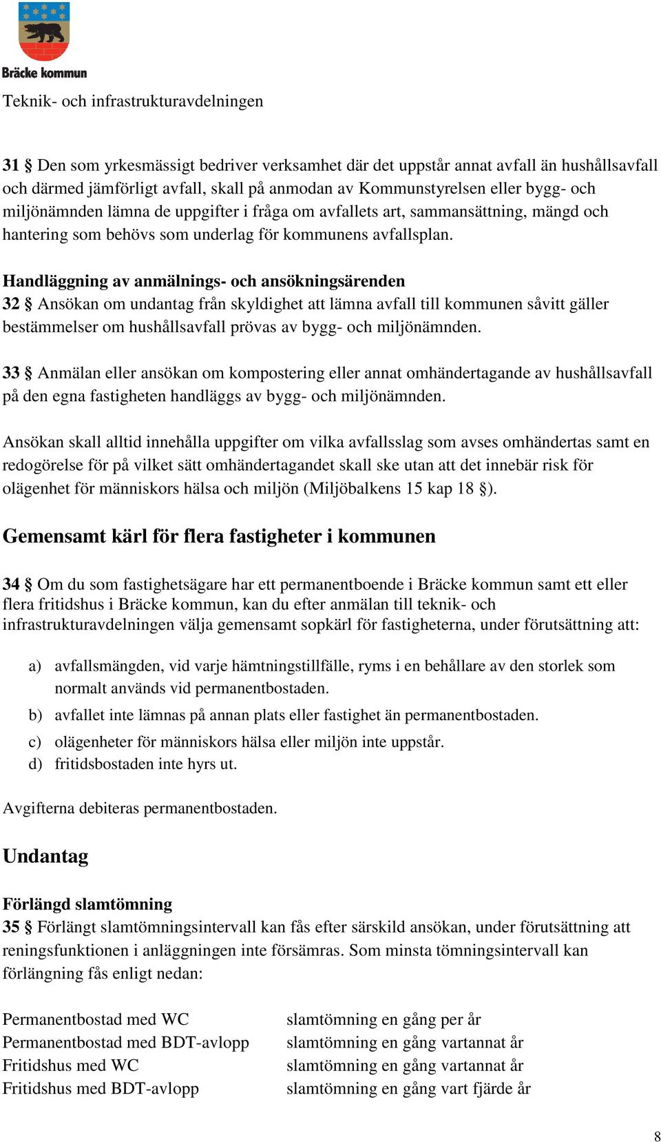 Handläggning av anmälnings- och ansökningsärenden 32 Ansökan om undantag från skyldighet att lämna avfall till kommunen såvitt gäller bestämmelser om hushållsavfall prövas av bygg- och miljönämnden.