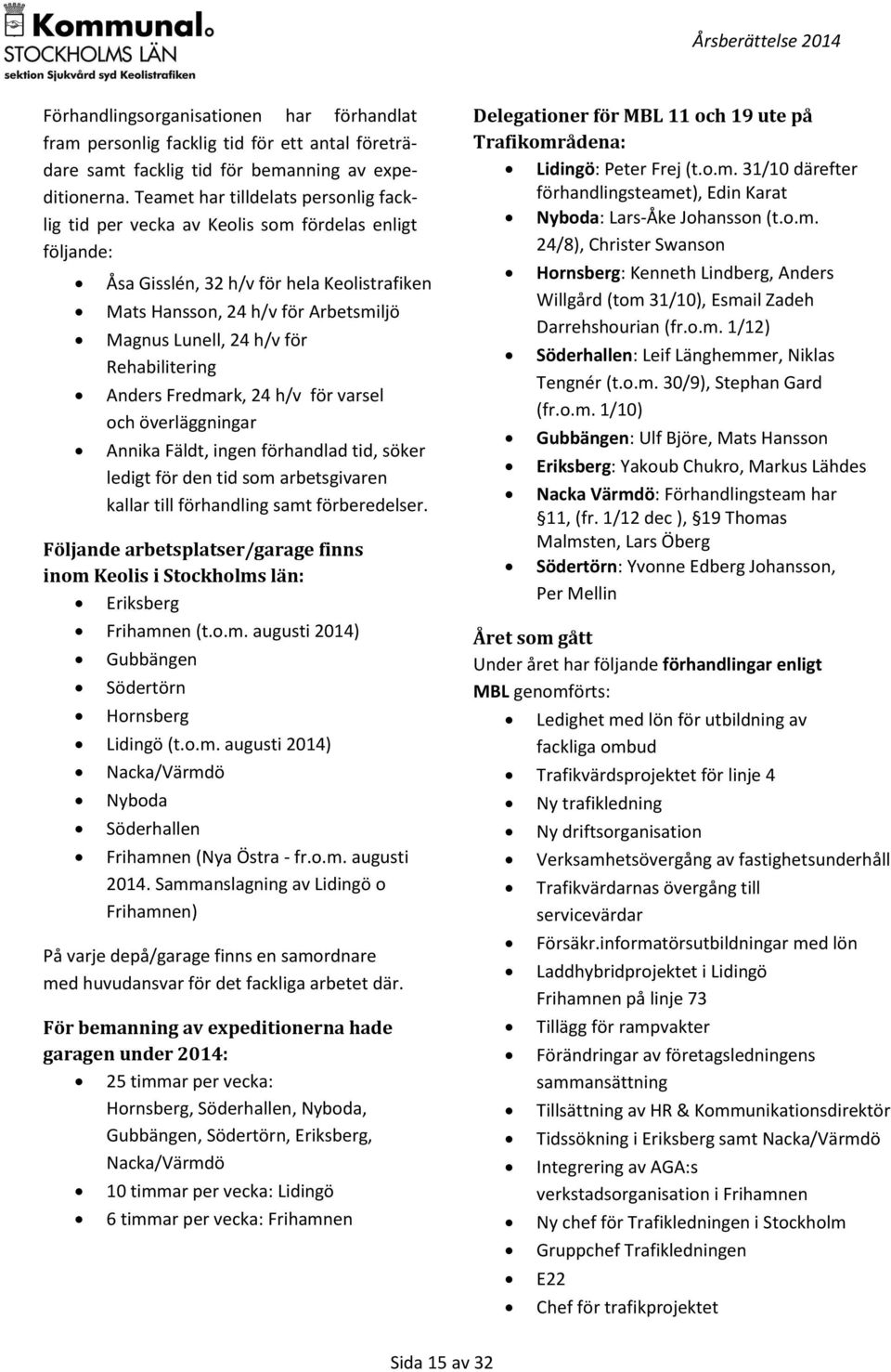 för Rehabilitering Anders Fredmark, 24 h/v för varsel och överläggningar Annika Fäldt, ingen förhandlad tid, söker ledigt för den tid som arbetsgivaren kallar till förhandling samt förberedelser.