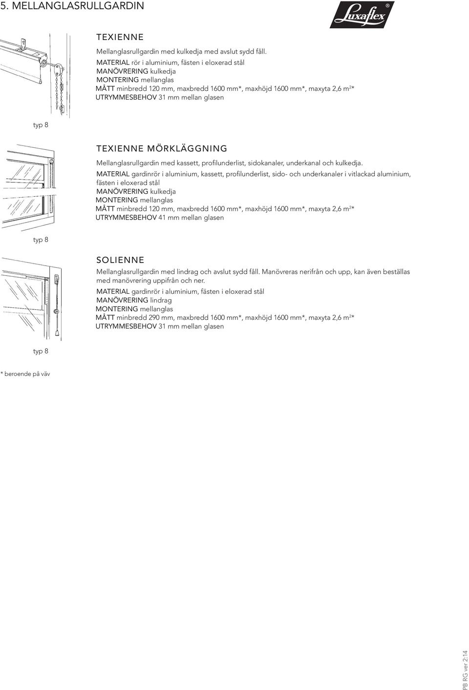 glasen typ 8 TEXIENNE MÖRKLÄGGNING Mellanglasrullgardin med kassett, profilunderlist, sidokanaler, underkanal och kulkedja.