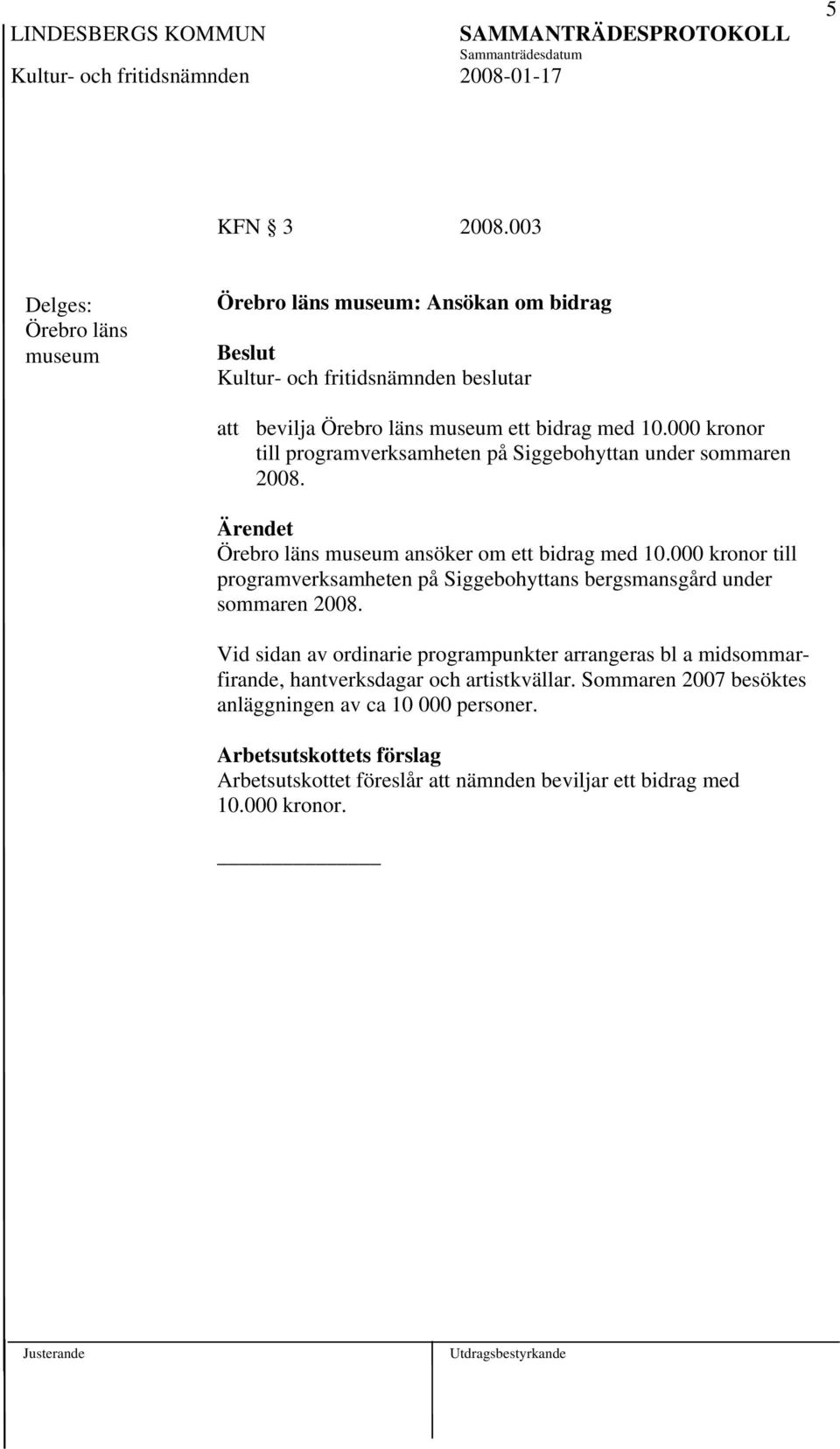 000 kronor till programverksamheten på Siggebohyttans bergsmansgård under sommaren 2008.