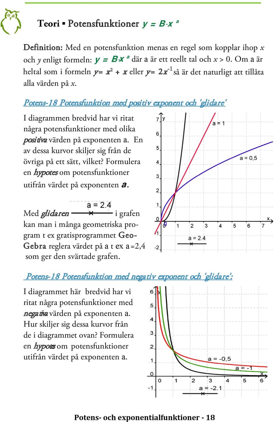 Potens-18 Potensfunktion med positiv exponent och 'glidare' I diagrammen bredvid har vi ritat några potensfunktioner med olika positiva värden på exponenten a.