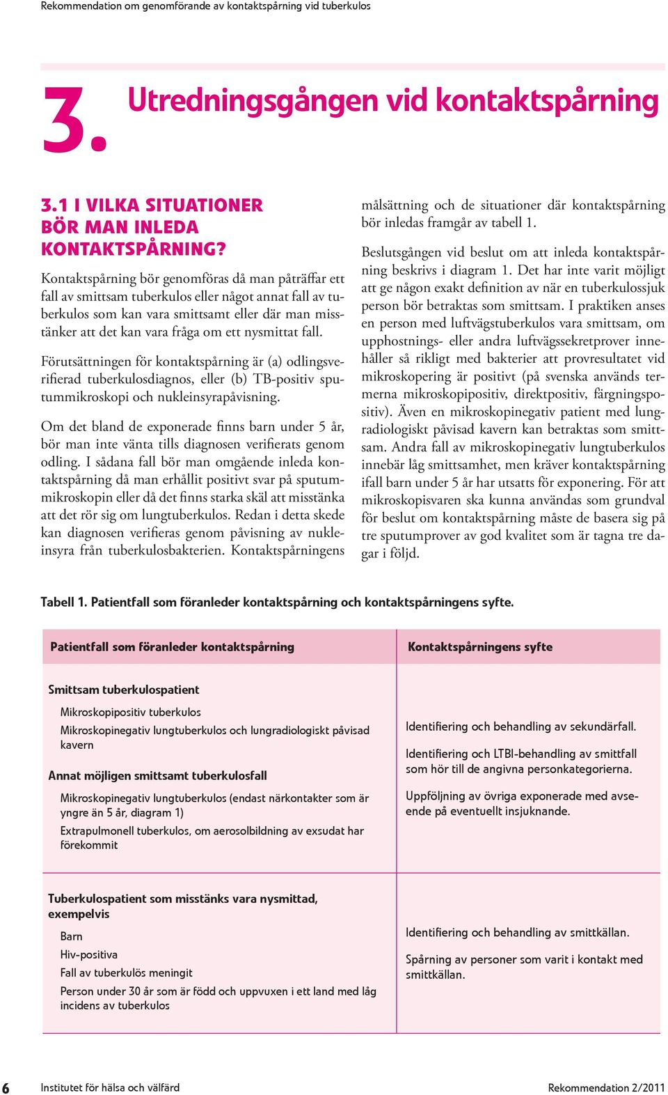 nysmittat fall. Förutsättningen för kontaktspårning är (a) odlingsverifierad tuberkulosdiagnos, eller (b) TB-positiv sputummikroskopi och nukleinsyrapåvisning.