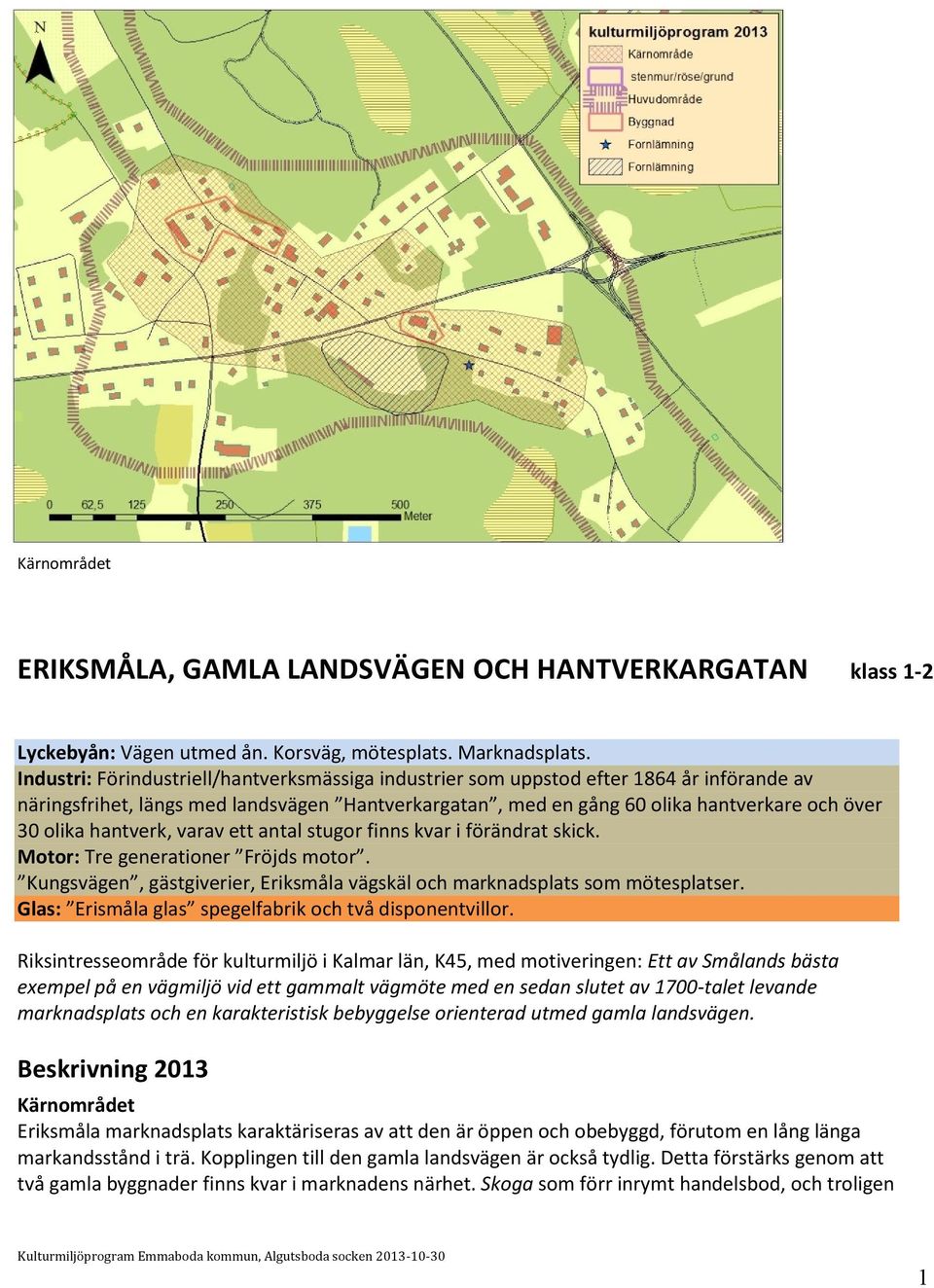 hantverk, varav ett antal stugor finns kvar i förändrat skick. Motor: Tre generationer Fröjds motor. Kungsvägen, gästgiverier, Eriksmåla vägskäl och marknadsplats som mötesplatser.