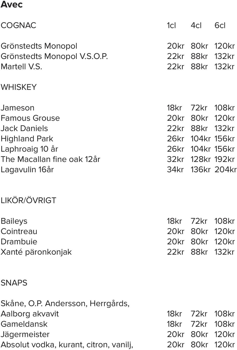 22kr 88kr 132kr 22kr 88kr 132kr WHISKEY Jameson 18kr 72kr 108kr Famous Grouse Jack Daniels 22kr 88kr 132kr Highland Park 26kr 104kr 156kr