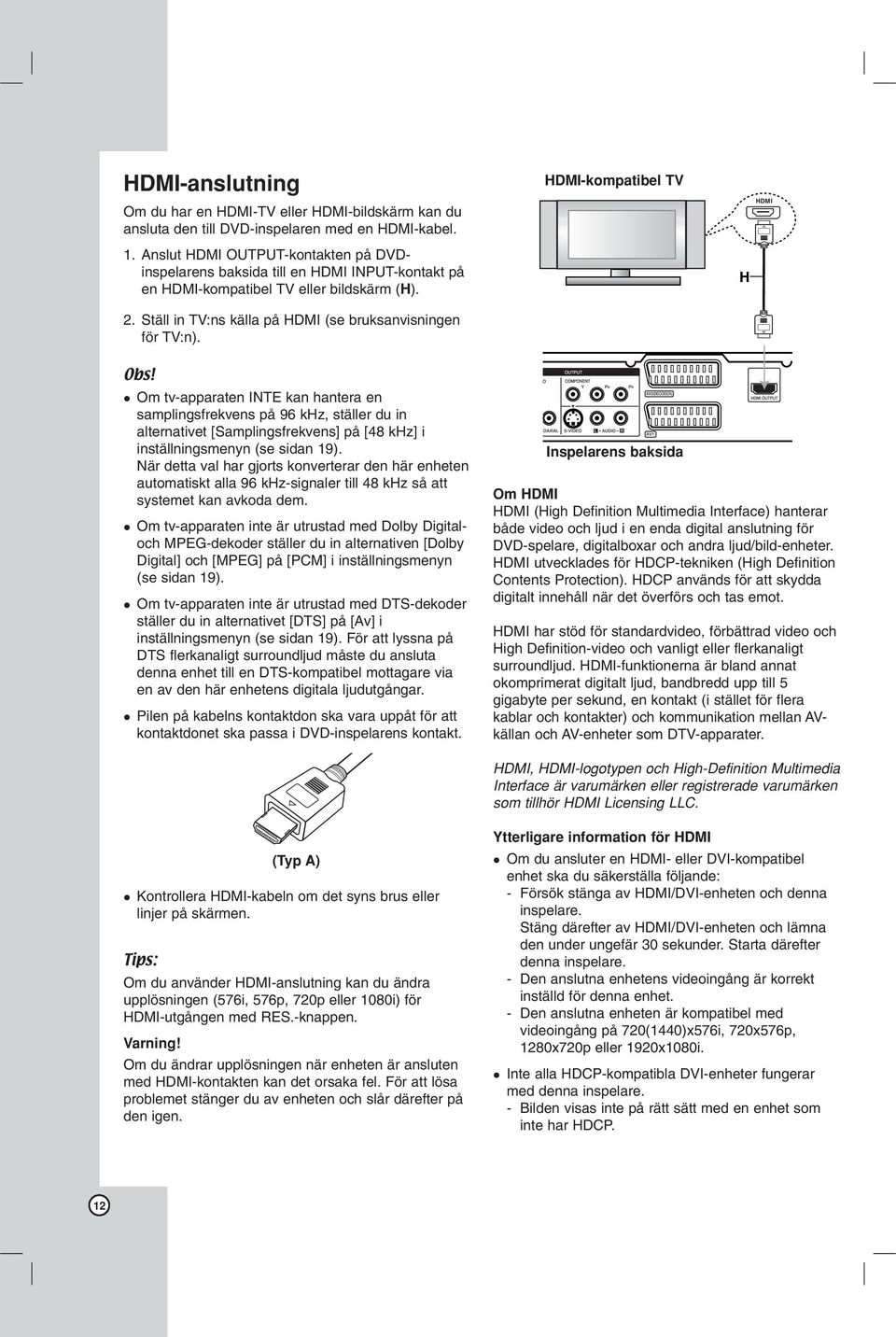 HDMI-kompatibel HDMI compatible TV TV HDMI Om tv-apparaten INTE kan hantera en samplingsfrekvens på 96 khz, ställer du in alternativet [Samplingsfrekvens] på [48 khz] i inställningsmenyn (se sidan