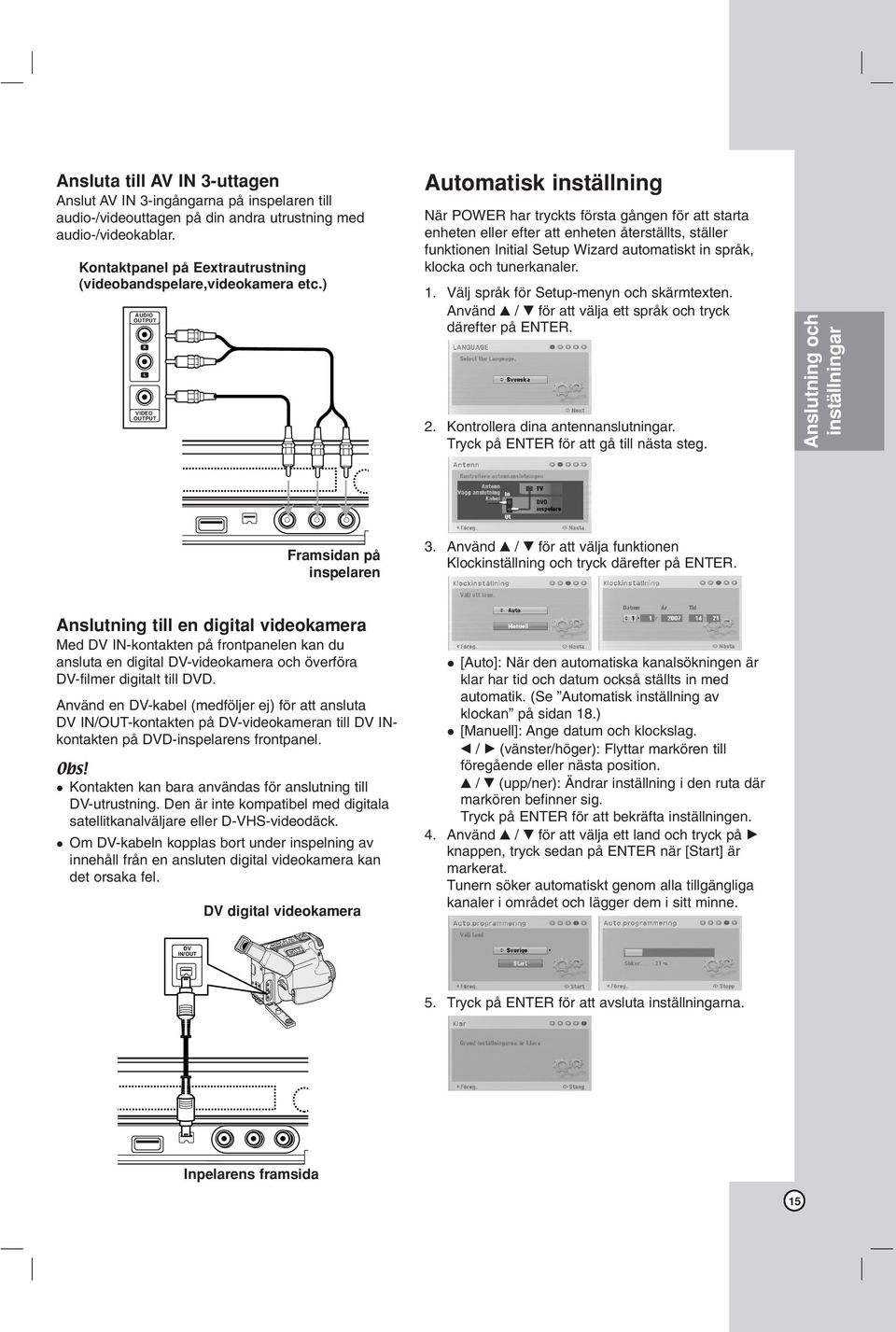 ) AUDIO OUTPUT R L VIDEO OUTPUT Automatisk inställning När POWER har tryckts första gången för att starta enheten eller efter att enheten återställts, ställer funktionen Initial Setup Wizard