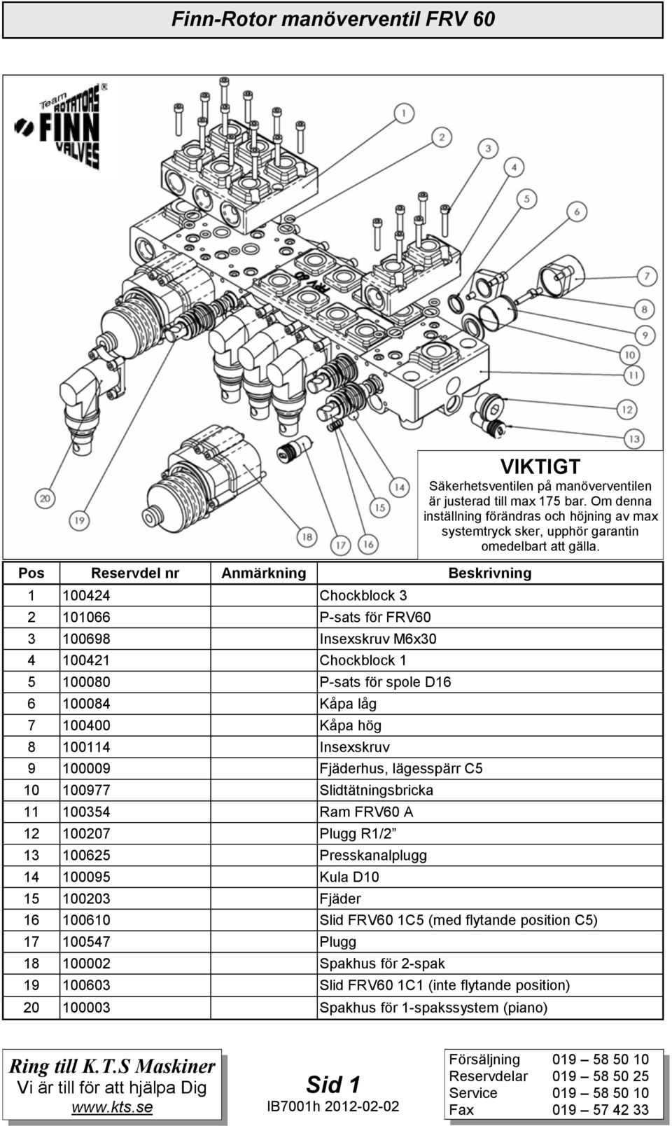 Fjäder 16 100610 Slid FRV60 1C5 (med flytande position C5) 17 100547 Plugg 18 100002 Spakhus för 2-spak VIKTIGT Säkerhetsventilen på manöverventilen är justerad till max 175 bar.