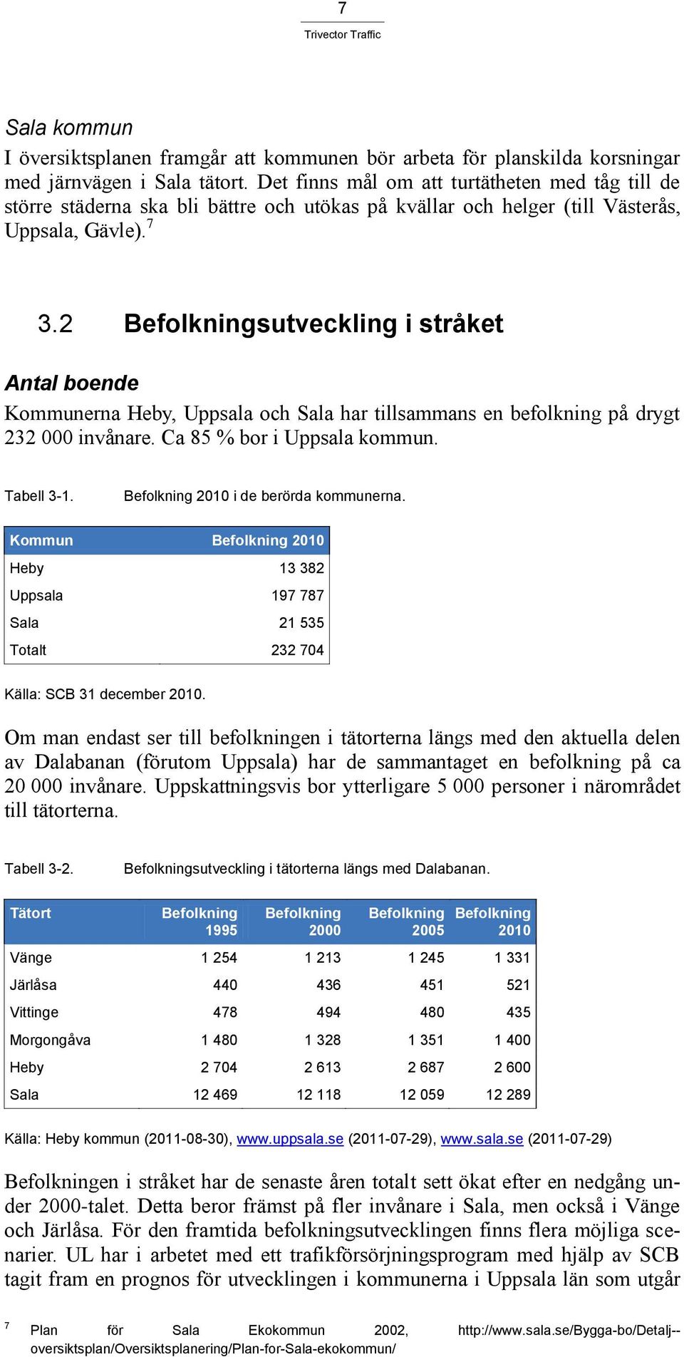 2 Befolkningsutveckling i stråket Antal boende Kommunerna Heby, Uppsala och Sala har tillsammans en befolkning på drygt 232 000 invånare. Ca 85 % bor i Uppsala kommun. Tabell 3-1.