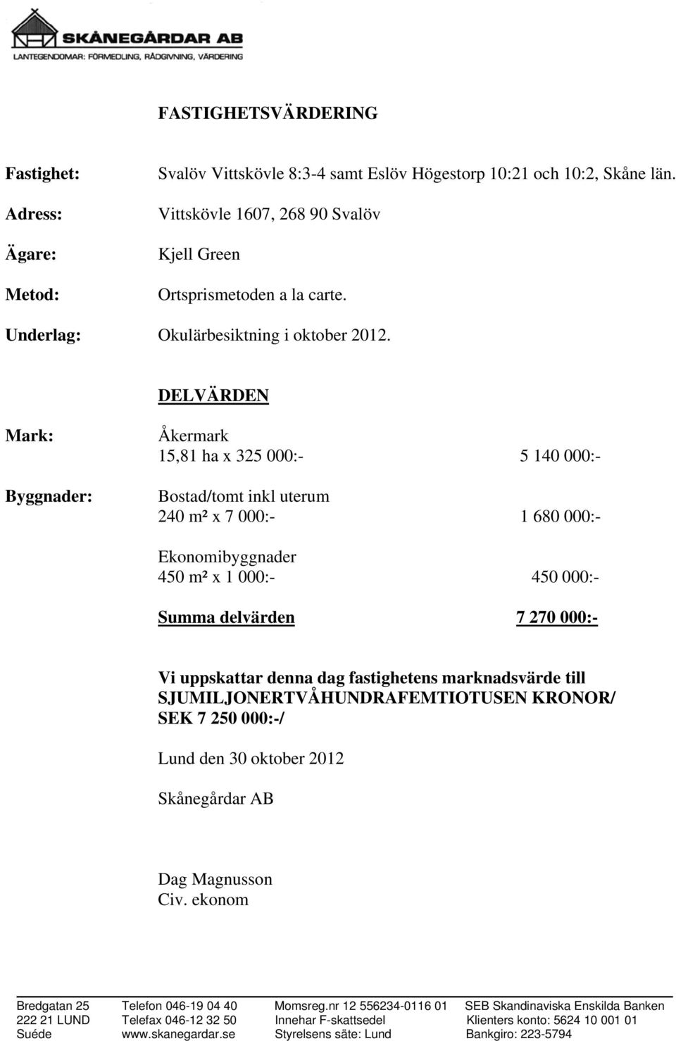 DELVÄRDEN Mark: Byggnader: Åkermark 15,81 ha x 325 000:- 5 140 000:- Bostad/tomt inkl uterum 240 m² x 7 000:- 1 680 000:- Ekonomibyggnader 450 m² x 1 000:- 450 000:- Summa delvärden 7 270 000:- Vi