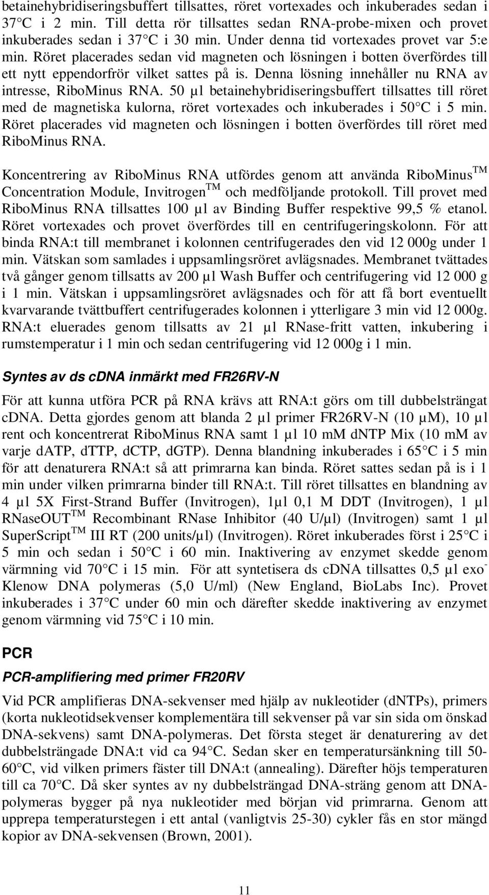 Denna lösning innehåller nu RNA av intresse, RiboMinus RNA. 50 µl betainehybridiseringsbuffert tillsattes till röret med de magnetiska kulorna, röret vortexades och inkuberades i 50 C i 5 min.