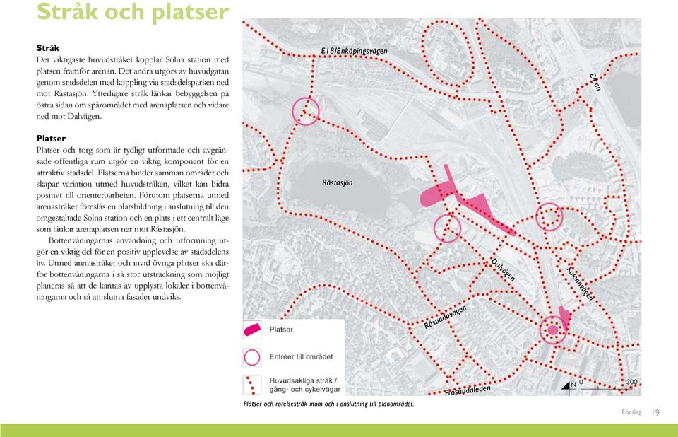 Ytterligare stråk länkar bebyggelsen på östra sidan om spårområdet med arenaplatsen och vidare ned mot Dalvägen.