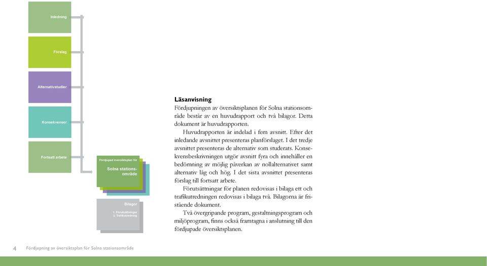 Huvudrapporten är indelad i fem avsnitt. Efter det inledande avsnittet presenteras planförslaget. I det tredje avsnittet presenteras de alternativ som studerats.