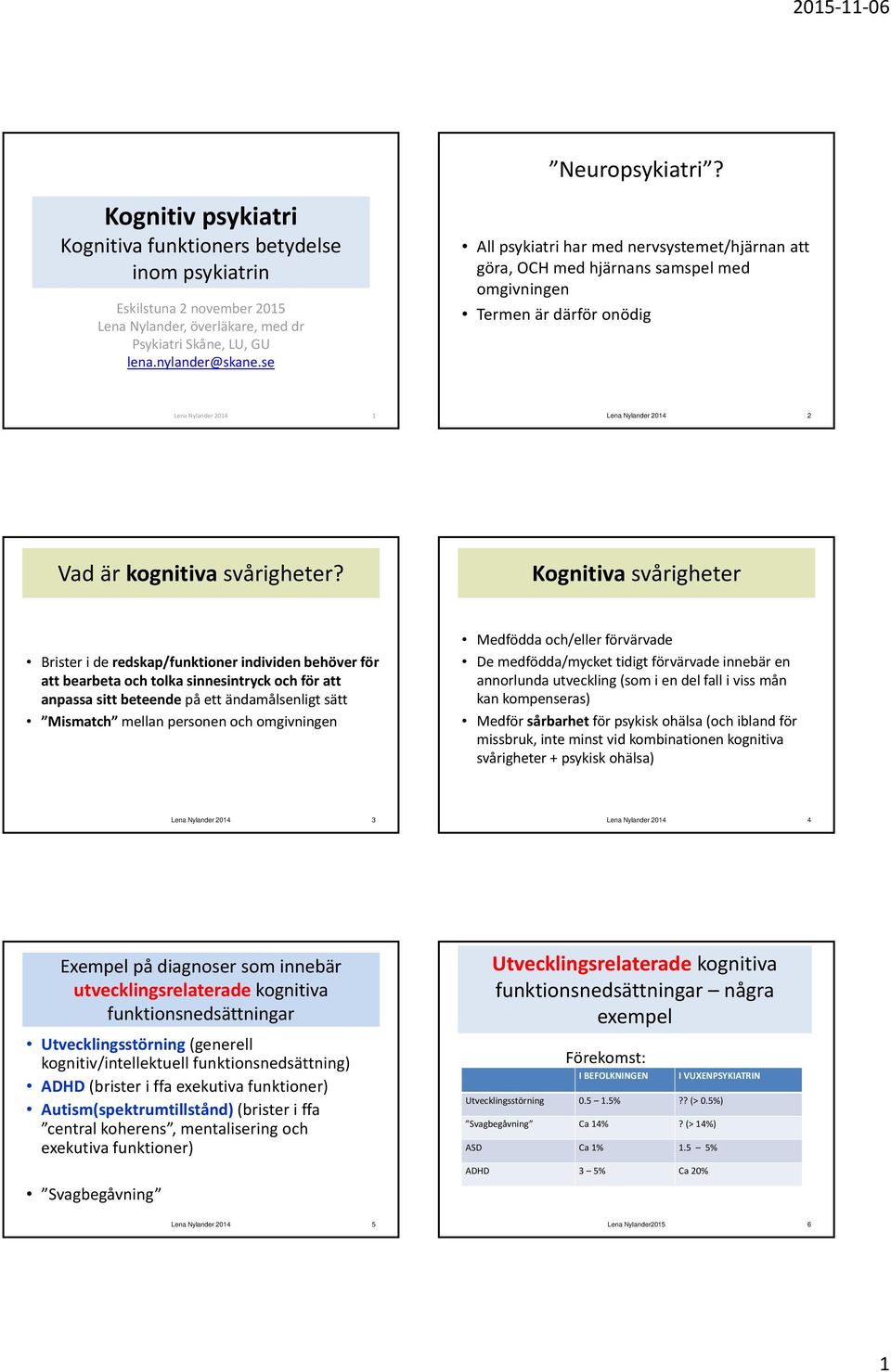 Kognitiva svårigheter Brister i de redskap/funktioner individen behöver för att bearbeta och tolka sinnesintryck och för att anpassa sitt beteendepå ett ändamålsenligt sätt Mismatch mellan personen