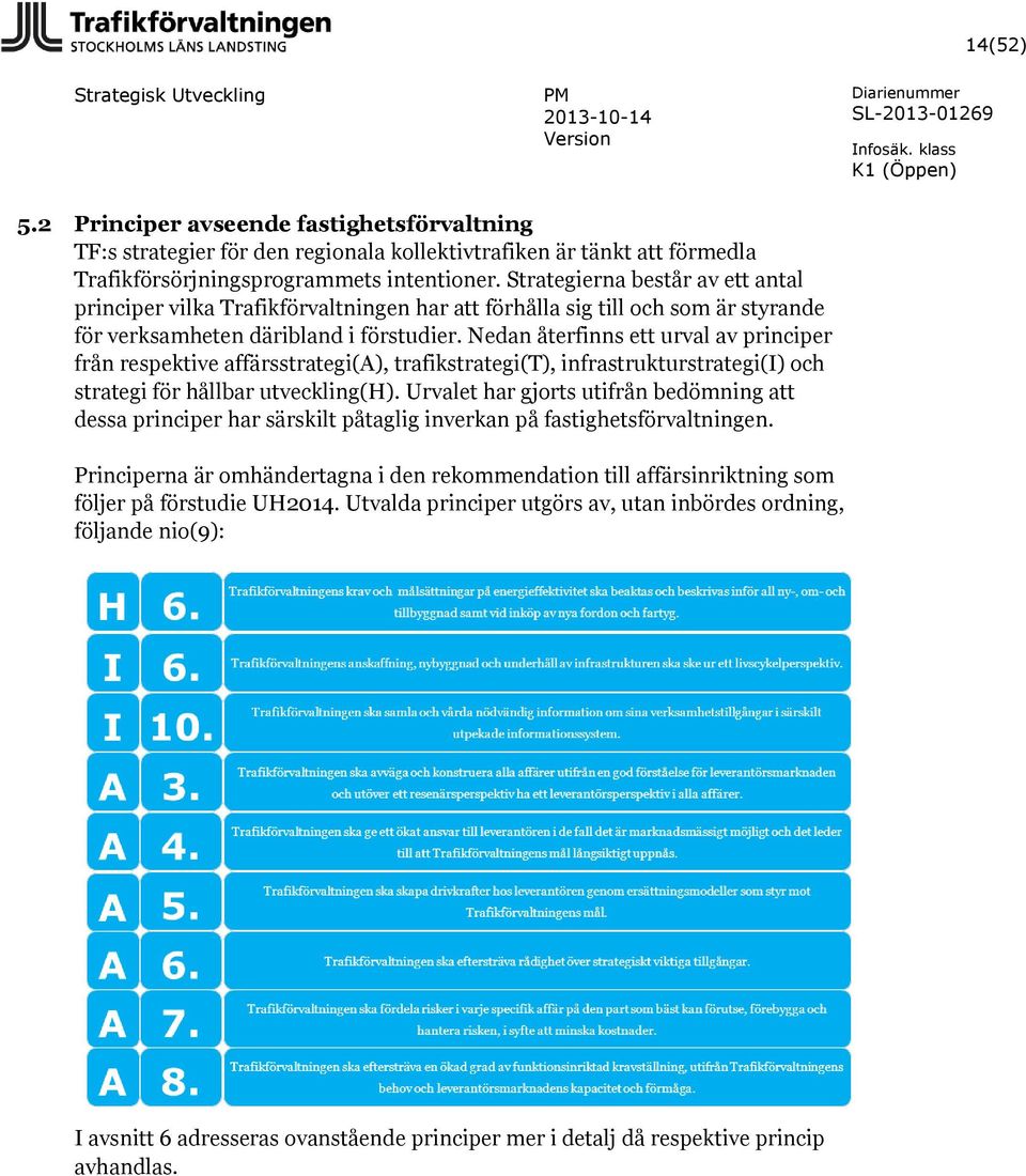 Nedan återfinns ett urval av principer från respektive affärsstrategi(a), trafikstrategi(t), infrastrukturstrategi(i) och strategi för hållbar utveckling(h).