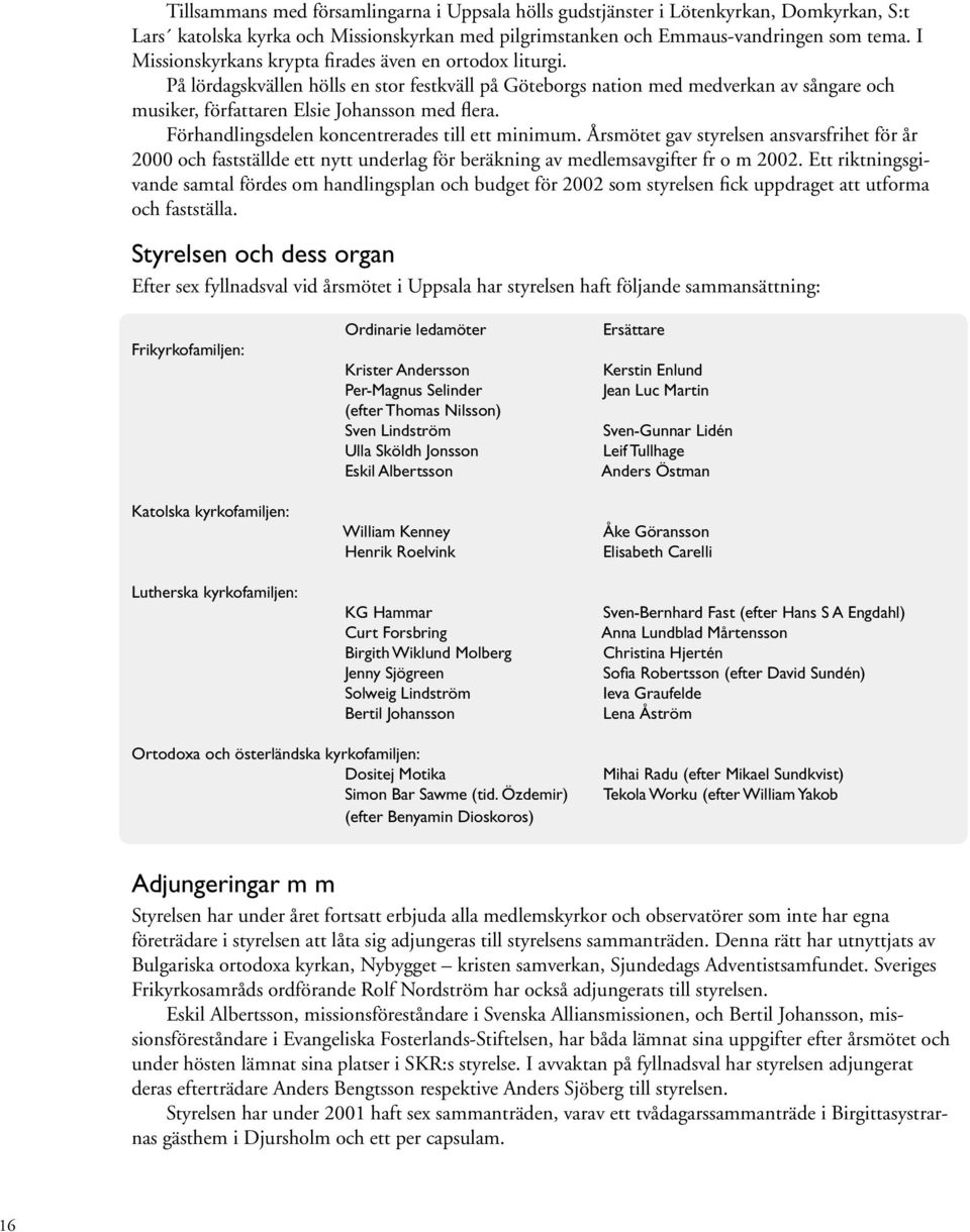 Förhandlingsdelen koncentrerades till ett minimum. Årsmötet gav styrelsen ansvarsfrihet för år 2000 och fastställde ett nytt underlag för beräkning av medlemsavgifter fr o m 2002.