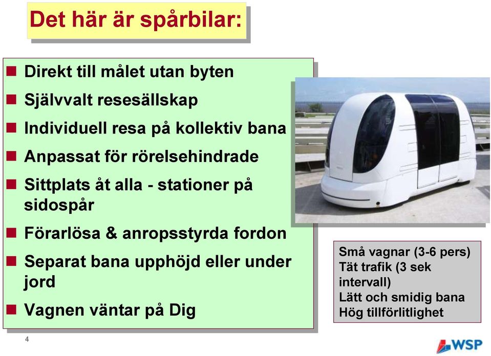 Förarlösa & anropsstyrda fordon Separat bana upphöjd eller under jord Vagnen väntar på Dig