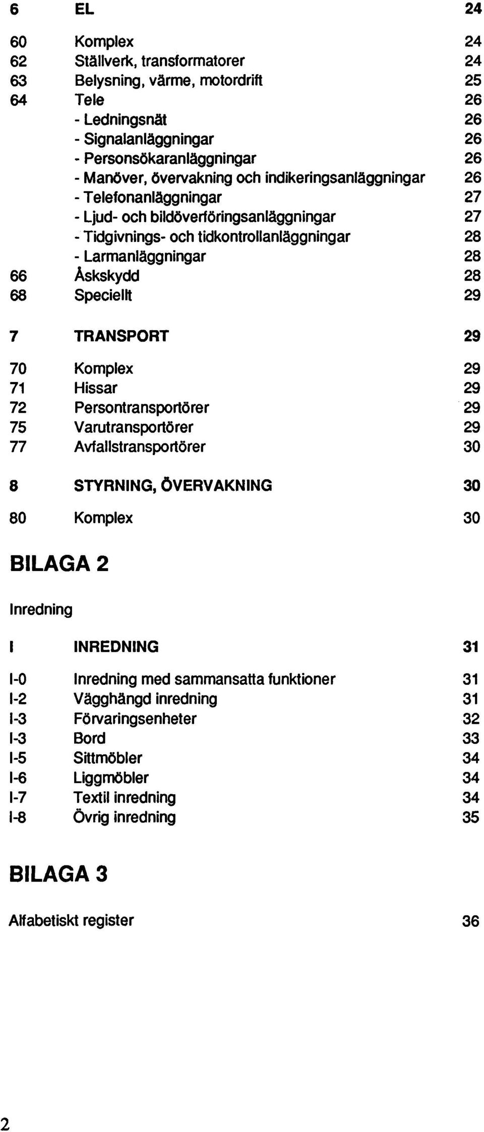 TRANSPORT 29 70 Komplex 29 71 Hissar 29 72 Persontransportörer 29 75 Varutransportörer 29 77 Avfallstransportörer 30 8 STYRNNG, ÖVERVAKNNG 30 80 Komplex 30 BLAGA 2 nredning NREDNNG 31 1-0 nredning