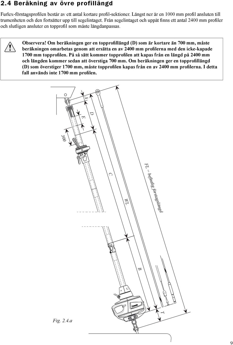 Från segelintaget och uppåt finns ett antal 2400 mm profiler och slutligen ansluter en topprofil som måste längdanpassas. Observera!