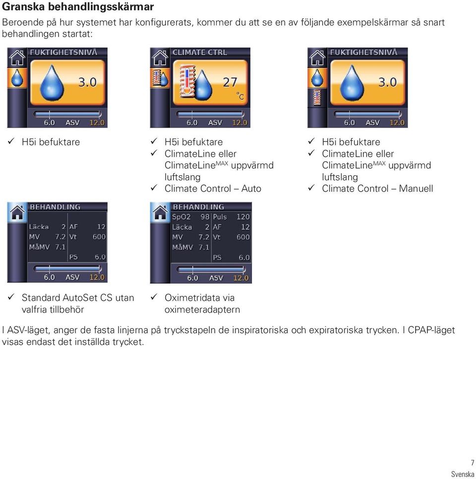 ClimateLine MAX uppvärmd luftslang Climate Control Manuell Standard AutoSet CS utan valfria tillbehör Oximetridata via oximeteradaptern I