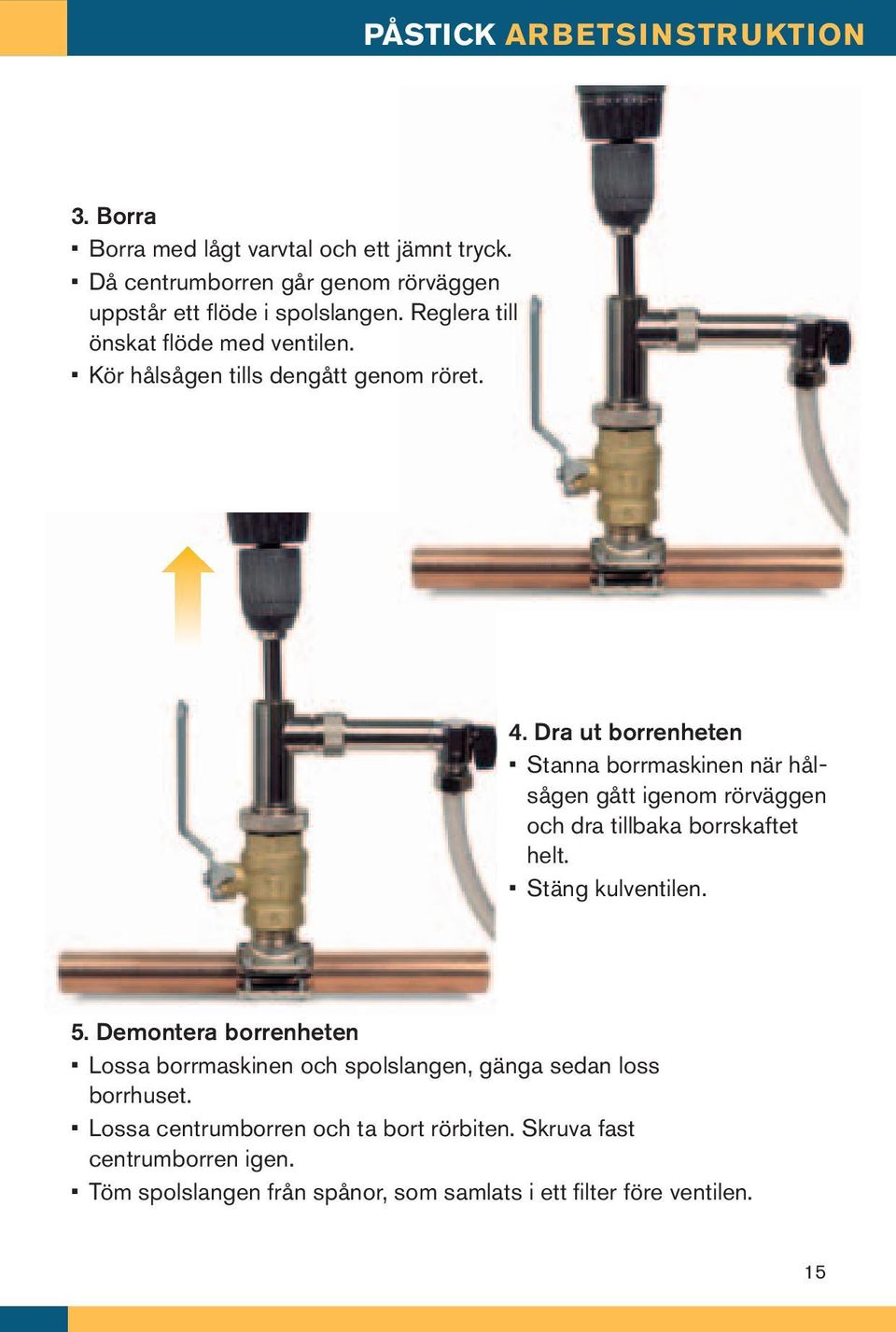 Dra ut borrenheten Stanna borrmaskinen när hålsågen gått igenom rörväggen och dra tillbaka borrskaftet helt. Stäng kulventilen. 5.