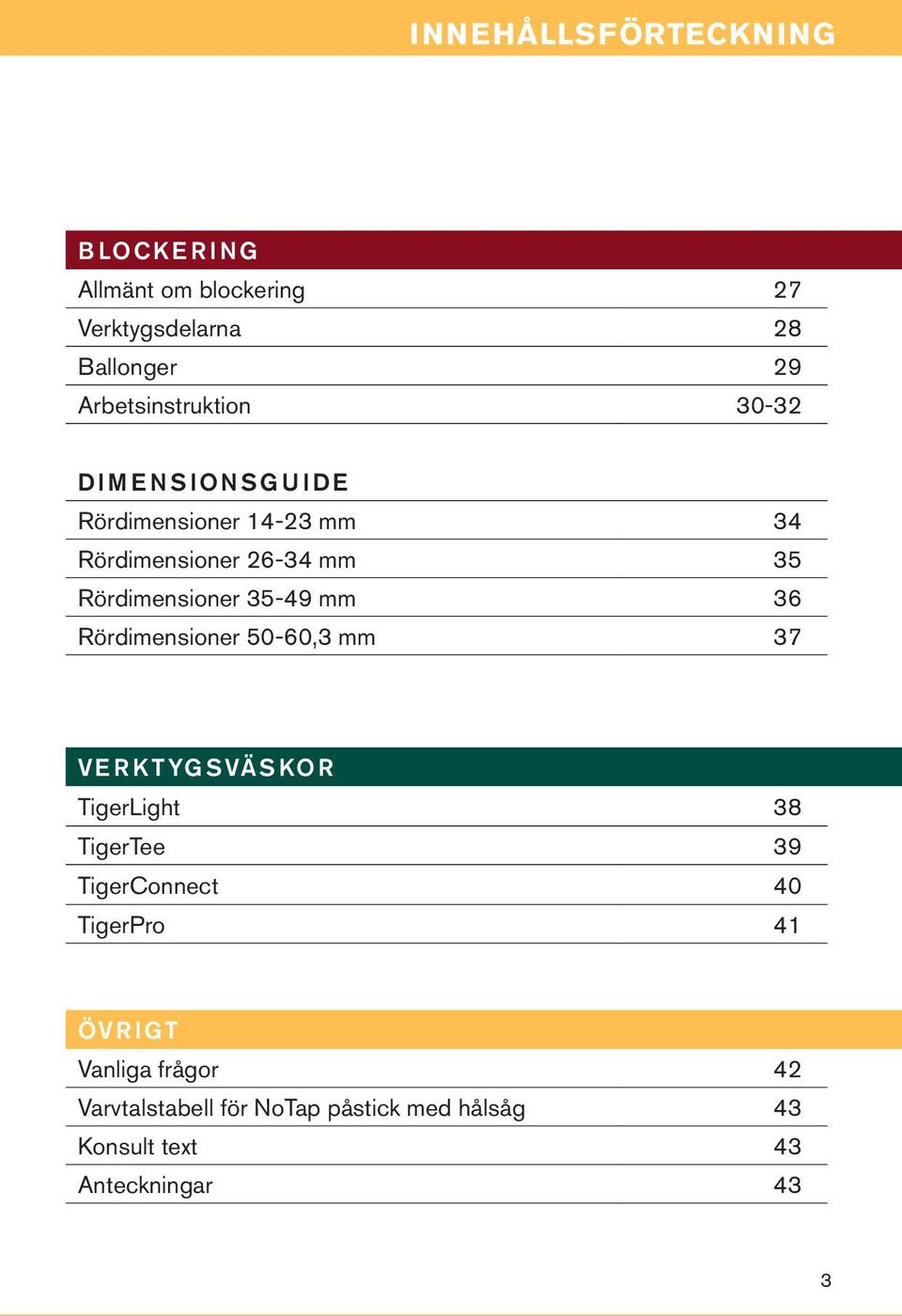 Rördimensioner 35-49 mm 36 Rördimensioner 50-60,3 mm 37 VERKTYGSVÄSKOR TigerLight 38 TigerTee 39