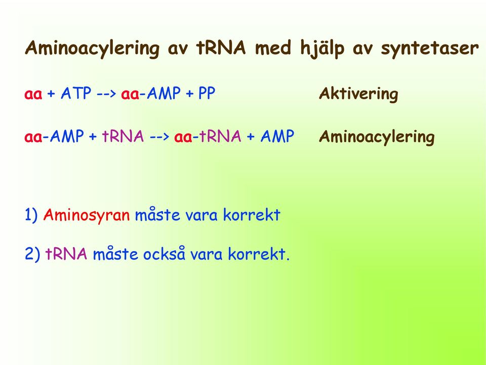 aa-trna + AMP Aktivering Aminoacylering 1)