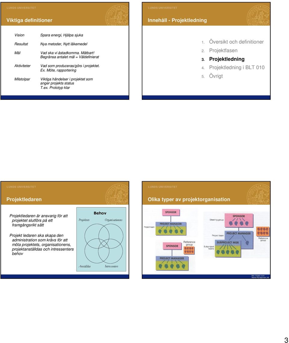 Prototyp klar 9 10 Projektledaren Olika typer av projektorganisation Projektledaren är ansvarig för att projektet slutförs på ett framgångsrikt sätt Projektets Behov
