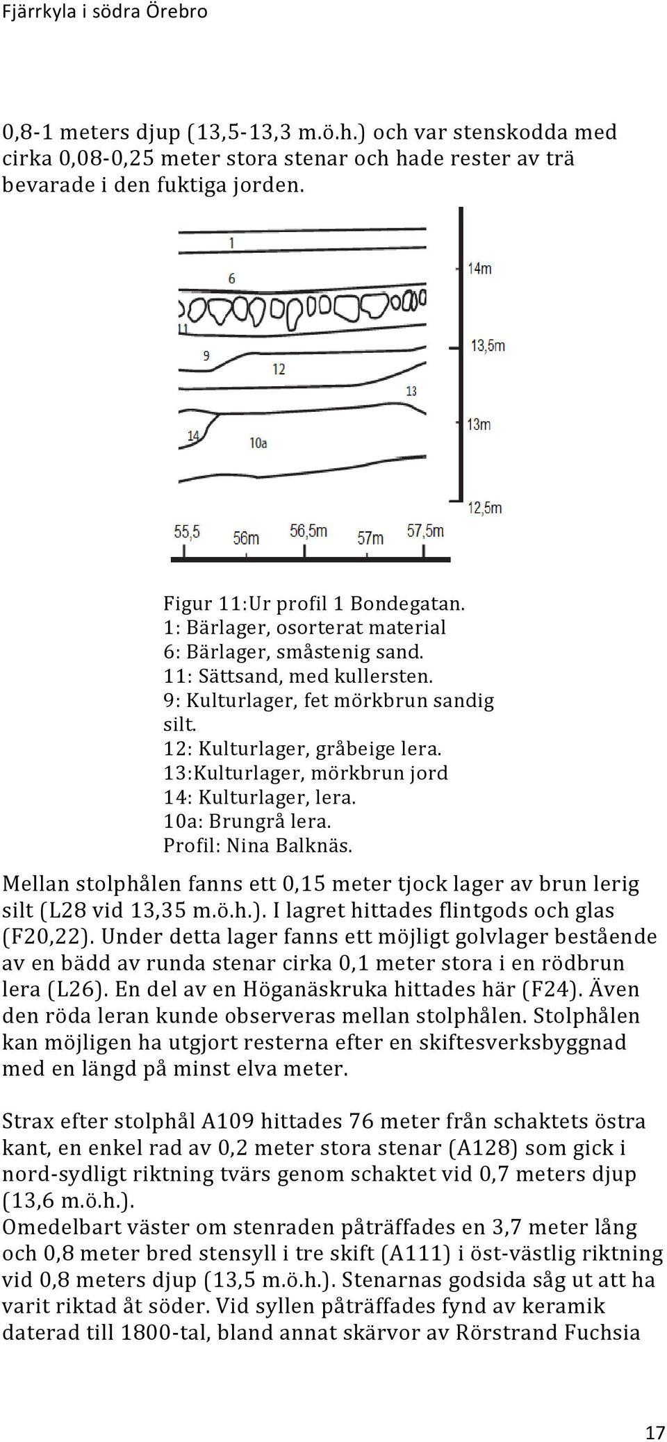 Profil: Nina Balknäs. Mellan stolphålen fanns ett 0,5 meter tjock lager av brun lerig silt (L28 vid 3,35 m.ö.h.). I lagret hittades flintgods och glas (F20,22).