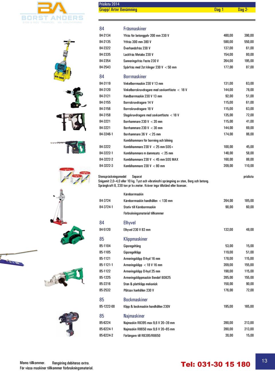 131,00 63,00 84-3120 Vinkelborrskruvdragare med sexkantfäste < 18 V 144,00 78,00 84-3121 Handborrmaskin 230 V 13 mm 92,00 51,00 84-3155 Borrrskruvdragare 14 V 115,00 61,00 84-3156 Borrrskruvdragare