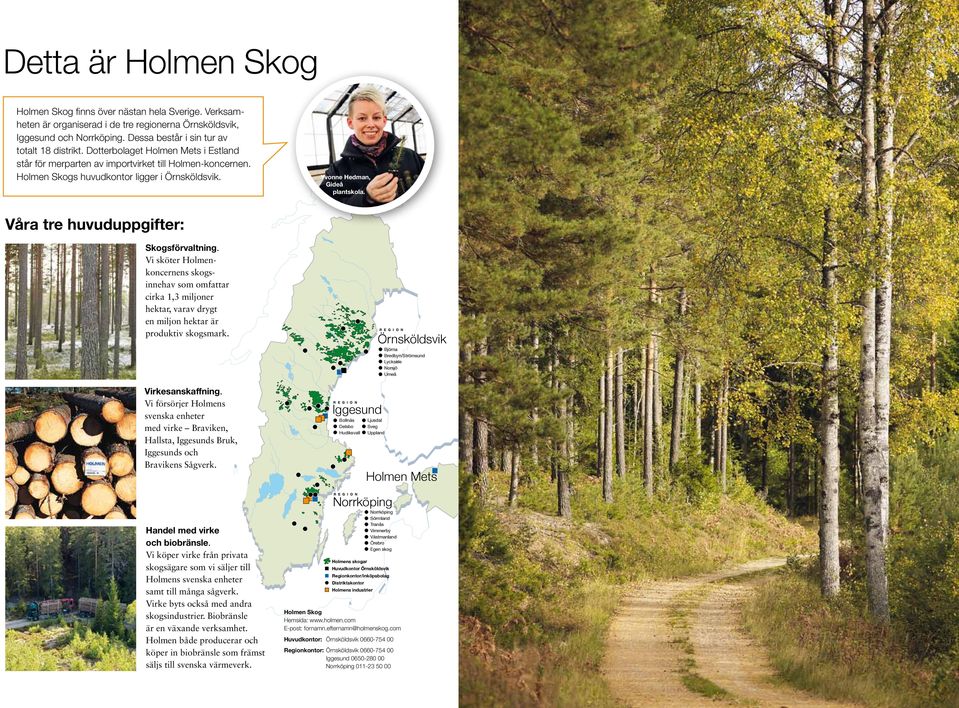 Vi sköter Holmenkoncernens skogsinnehav som omfattar cirka 1,3 miljoner hektar, varav drygt en miljon hektar är produktiv skogsmark. Virkesanskaffning.